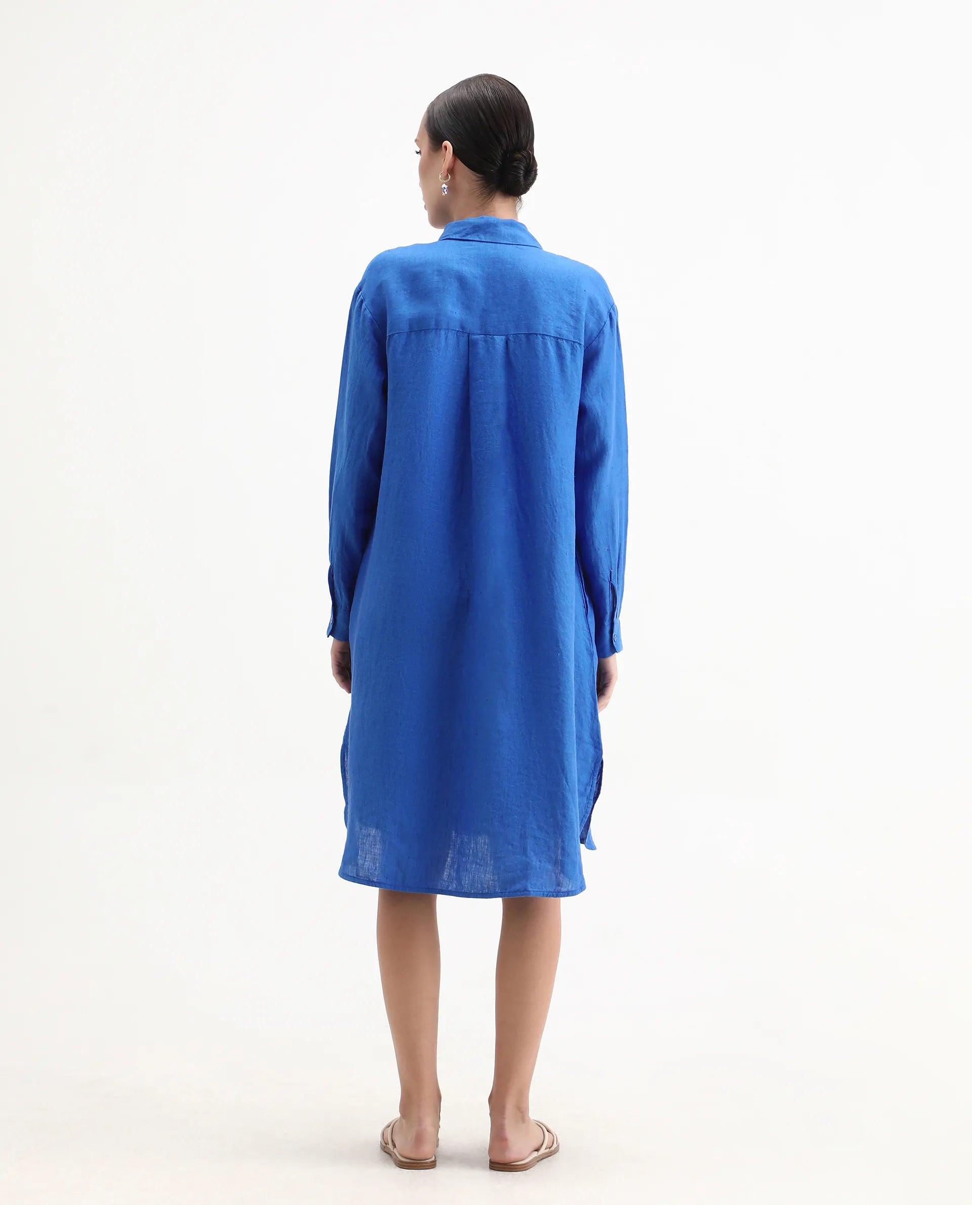 Rareism Women's Nentu Blue Linen Cuffed Sleeve Spread Collar Relaxed Fit Plain Dress