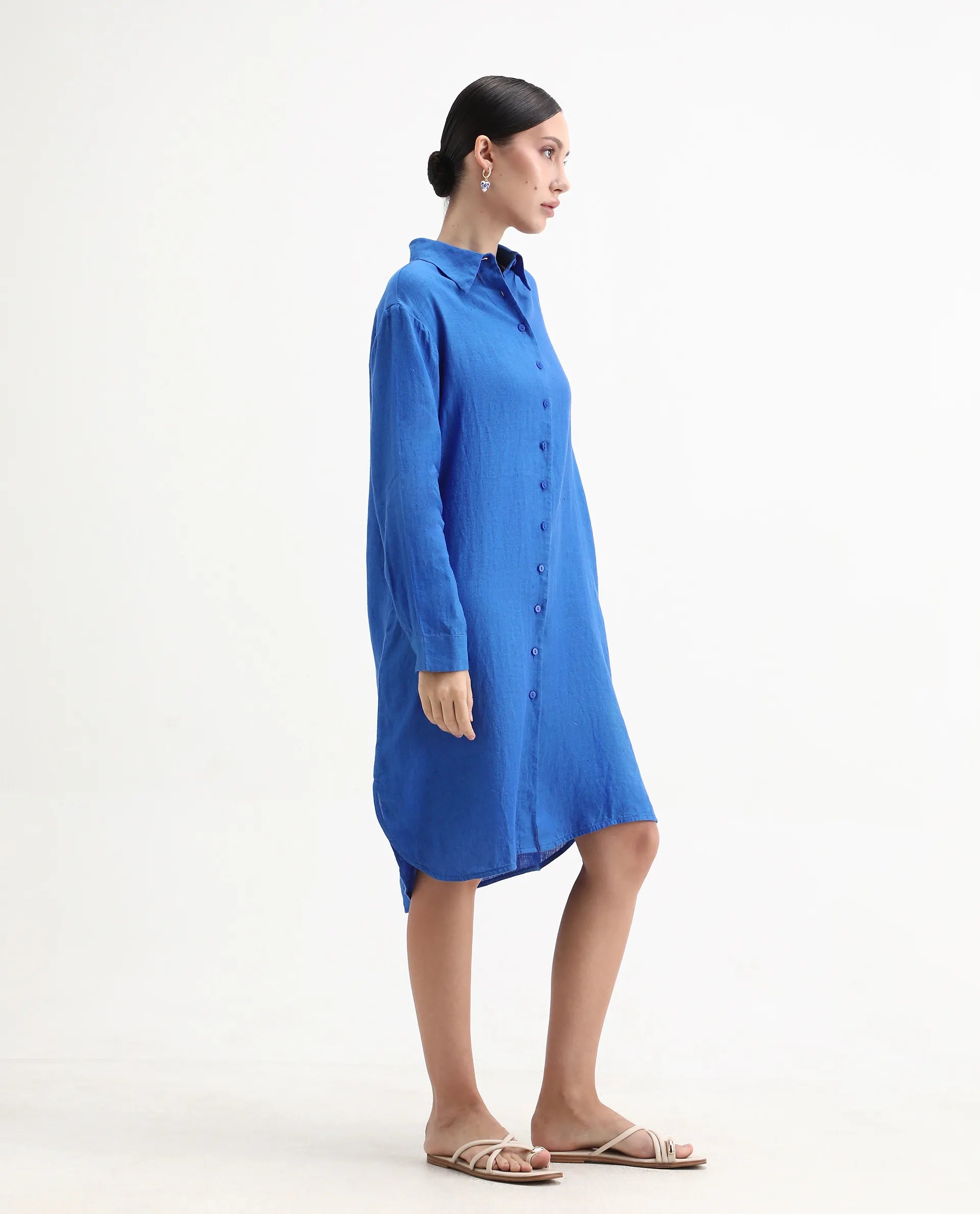 Rareism Women's Nentu Blue Linen Cuffed Sleeve Spread Collar Relaxed Fit Plain Dress