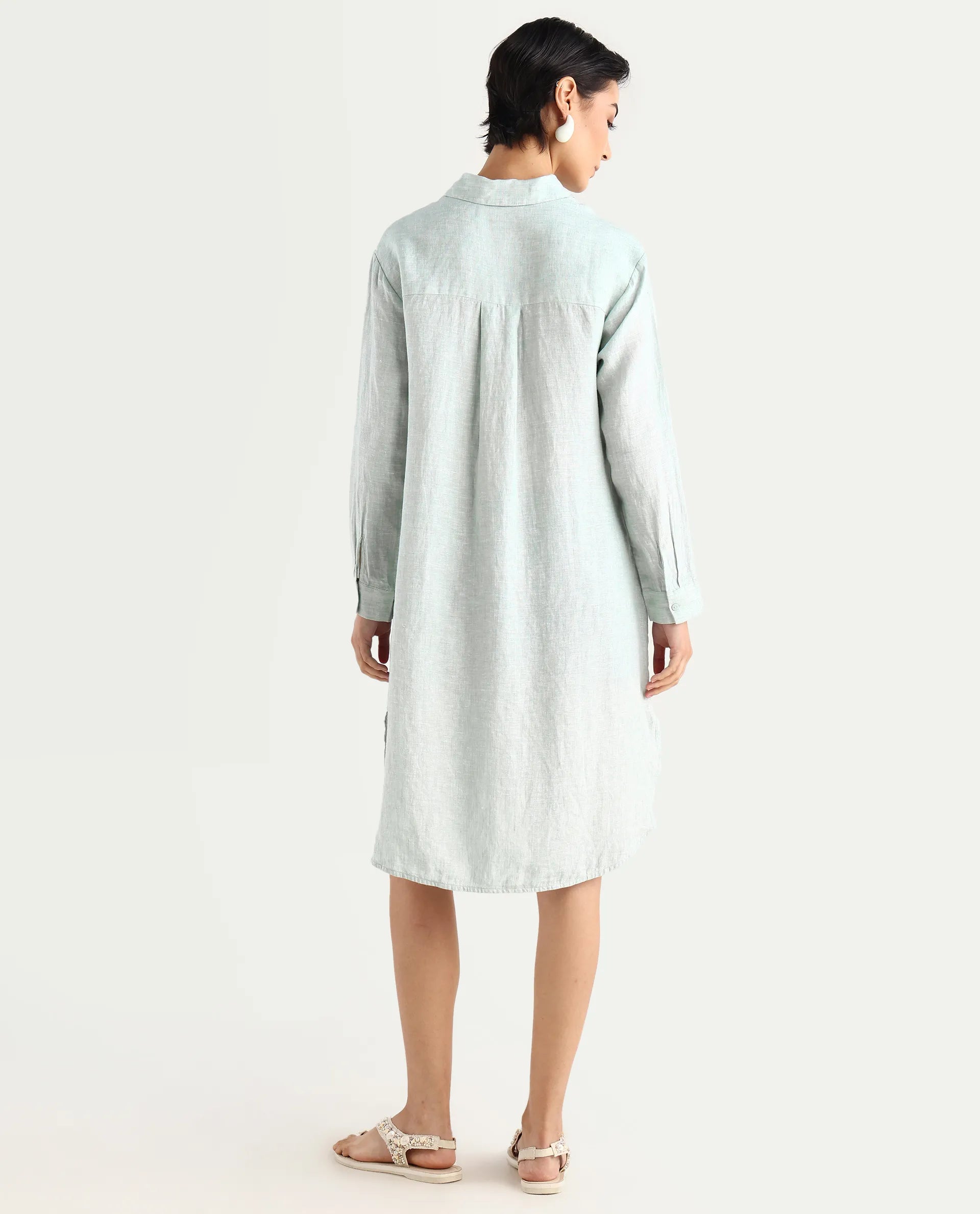 Rareism Women's Nentu Dusky Green Linen Cuffed Sleeve Spread Collar Relaxed Fit Plain Dress