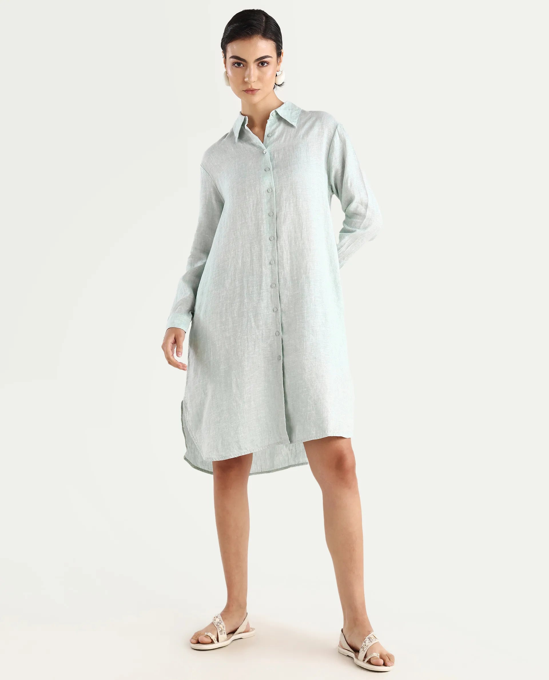 Rareism Women's Nentu Dusky Green Linen Cuffed Sleeve Spread Collar Relaxed Fit Plain Dress