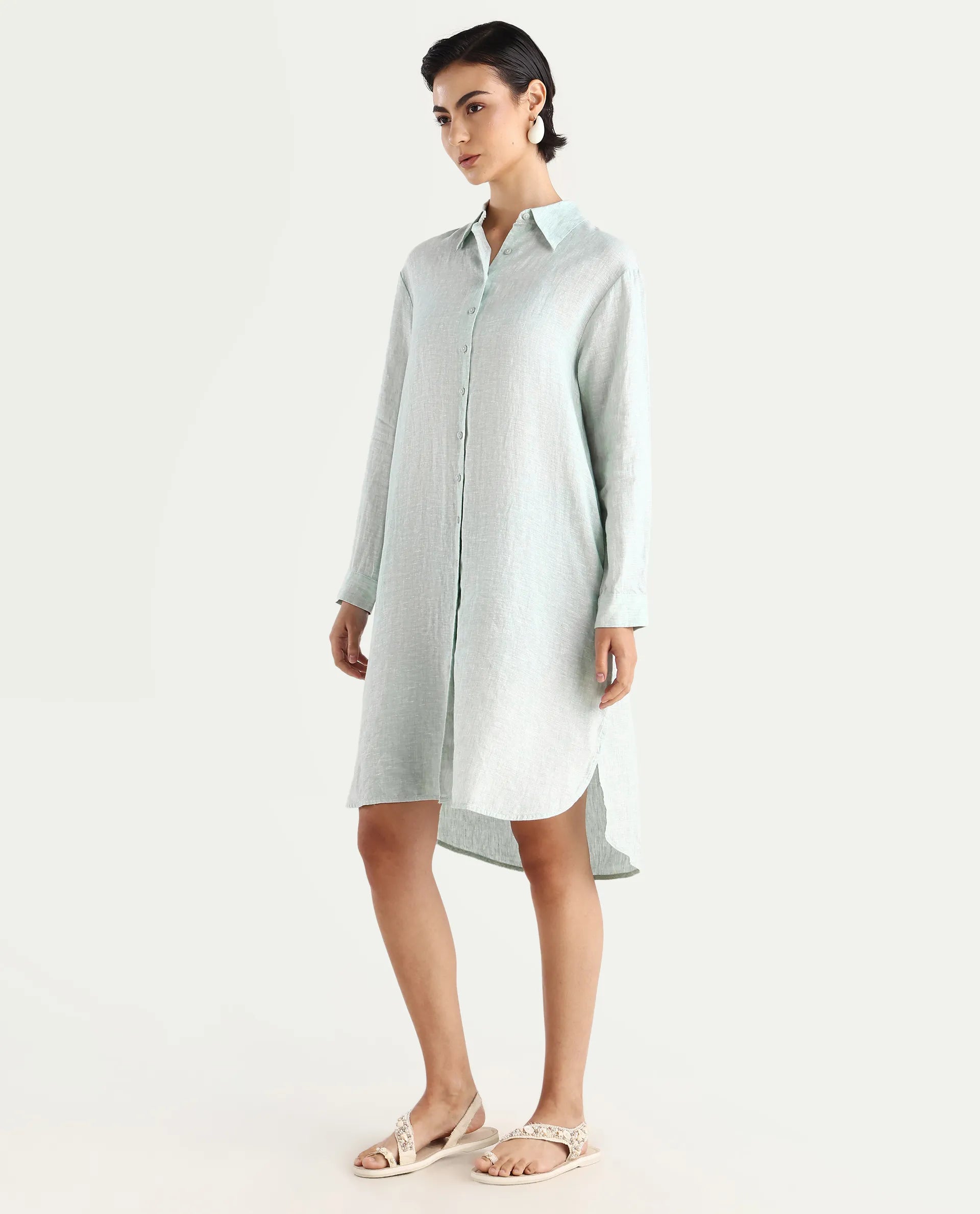 Rareism Women's Nentu Dusky Green Linen Cuffed Sleeve Spread Collar Relaxed Fit Plain Dress