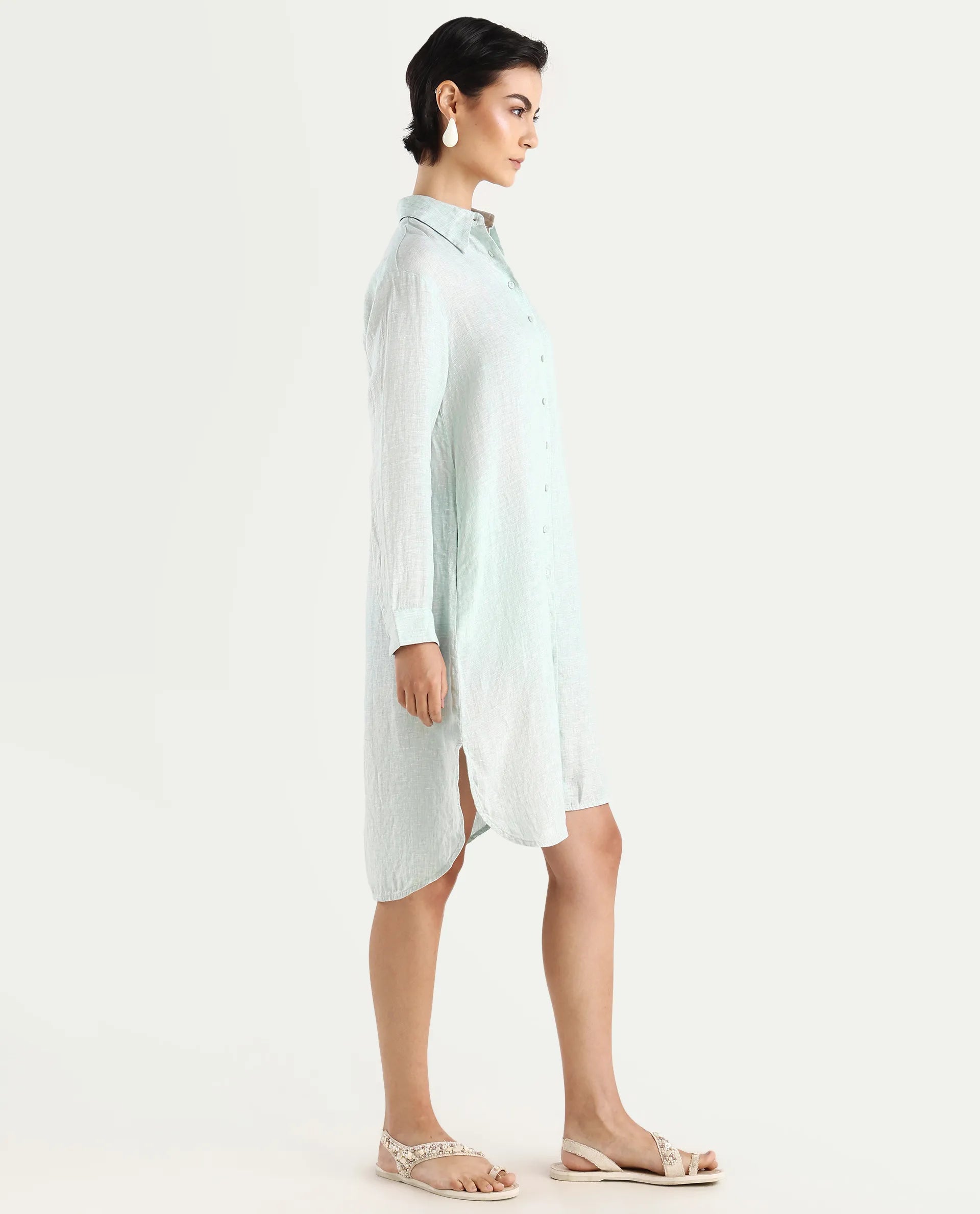 Rareism Women's Nentu Dusky Green Linen Cuffed Sleeve Spread Collar Relaxed Fit Plain Dress