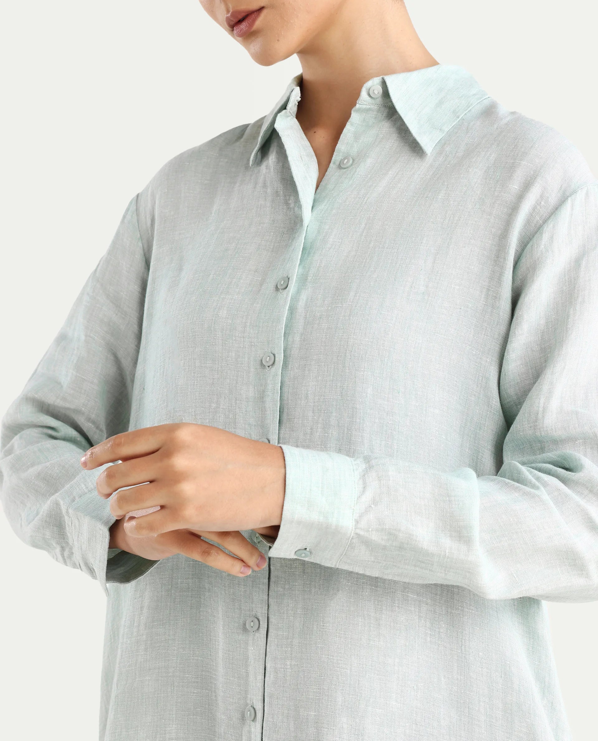 Rareism Women's Nentu Dusky Green Linen Cuffed Sleeve Spread Collar Relaxed Fit Plain Dress