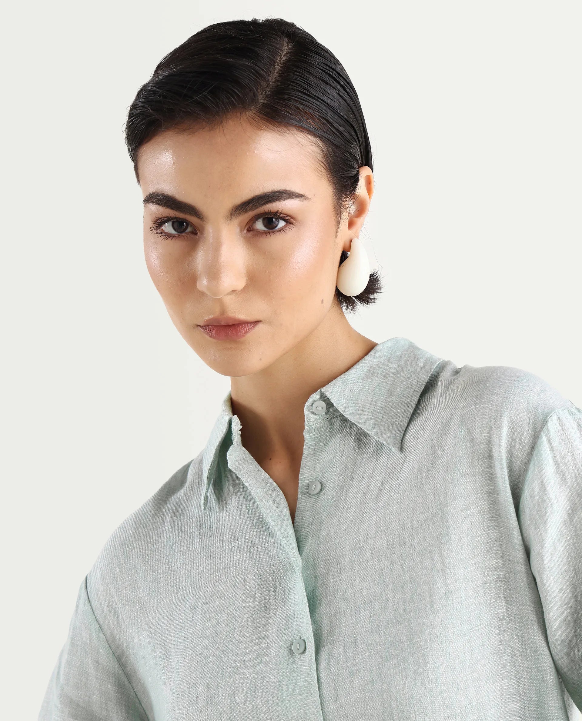 Rareism Women's Nentu Dusky Green Linen Cuffed Sleeve Spread Collar Relaxed Fit Plain Dress