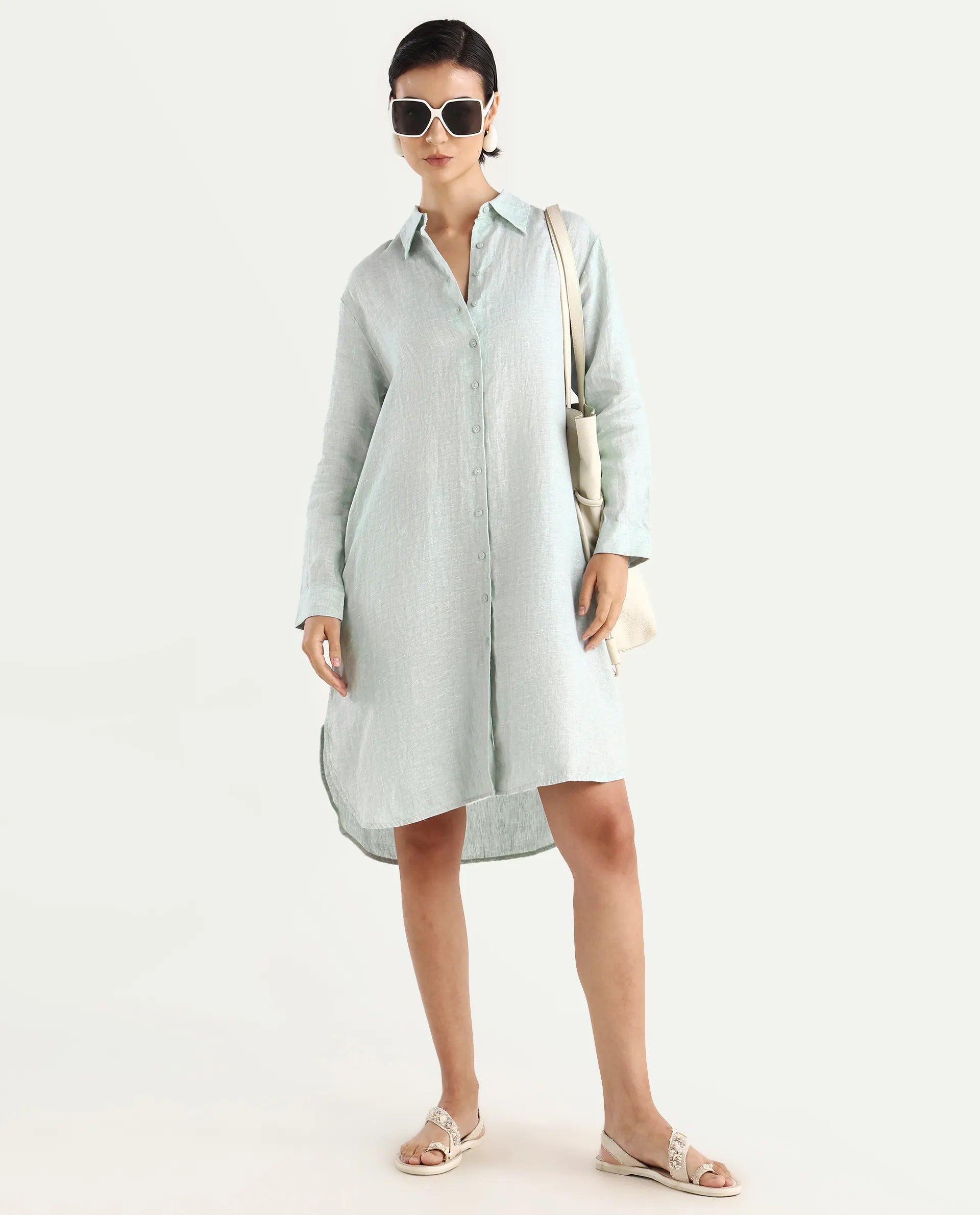 Rareism Women's Nentu Dusky Green Linen Cuffed Sleeve Spread Collar Relaxed Fit Plain Dress