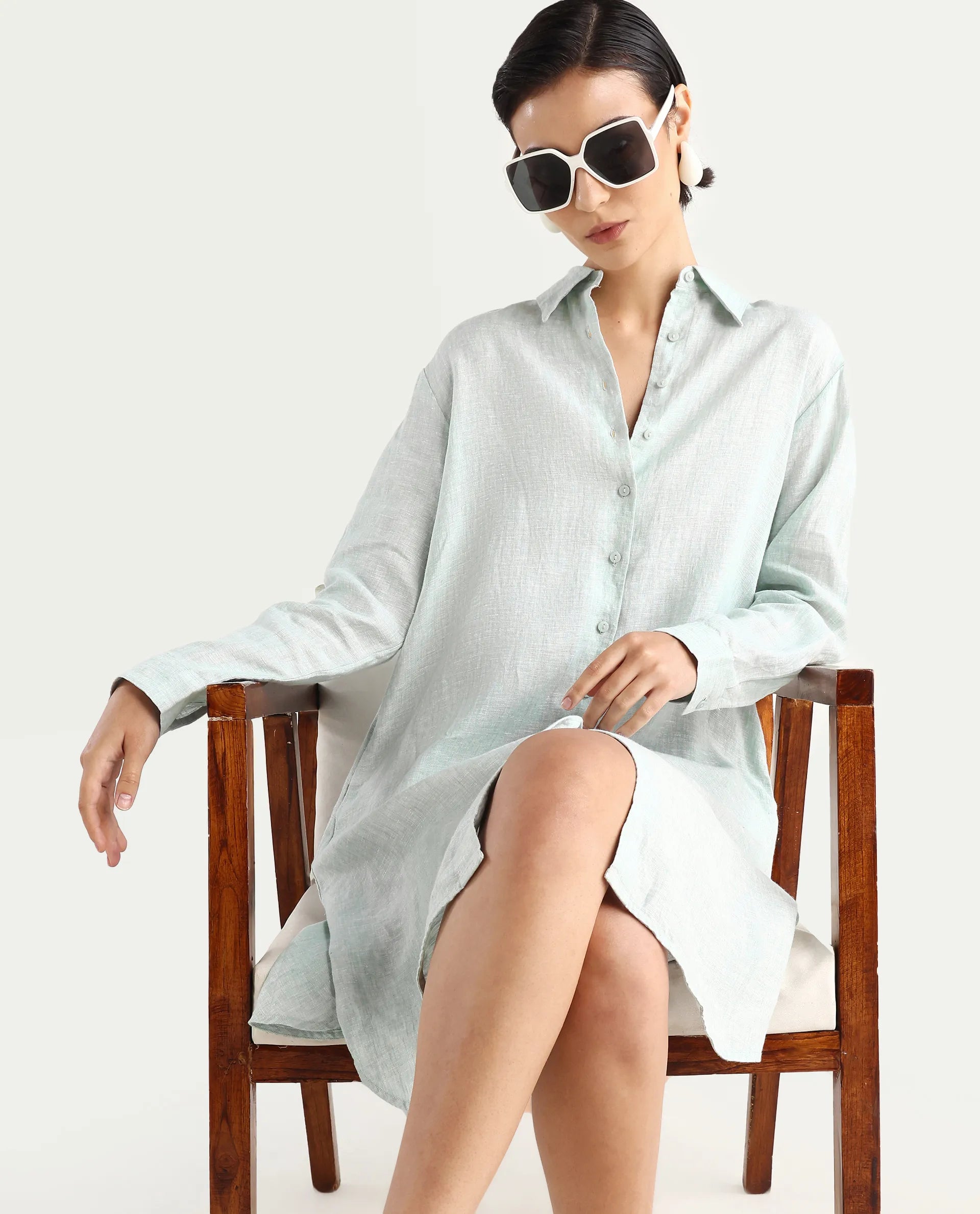 Rareism Women's Nentu Dusky Green Linen Cuffed Sleeve Spread Collar Relaxed Fit Plain Dress