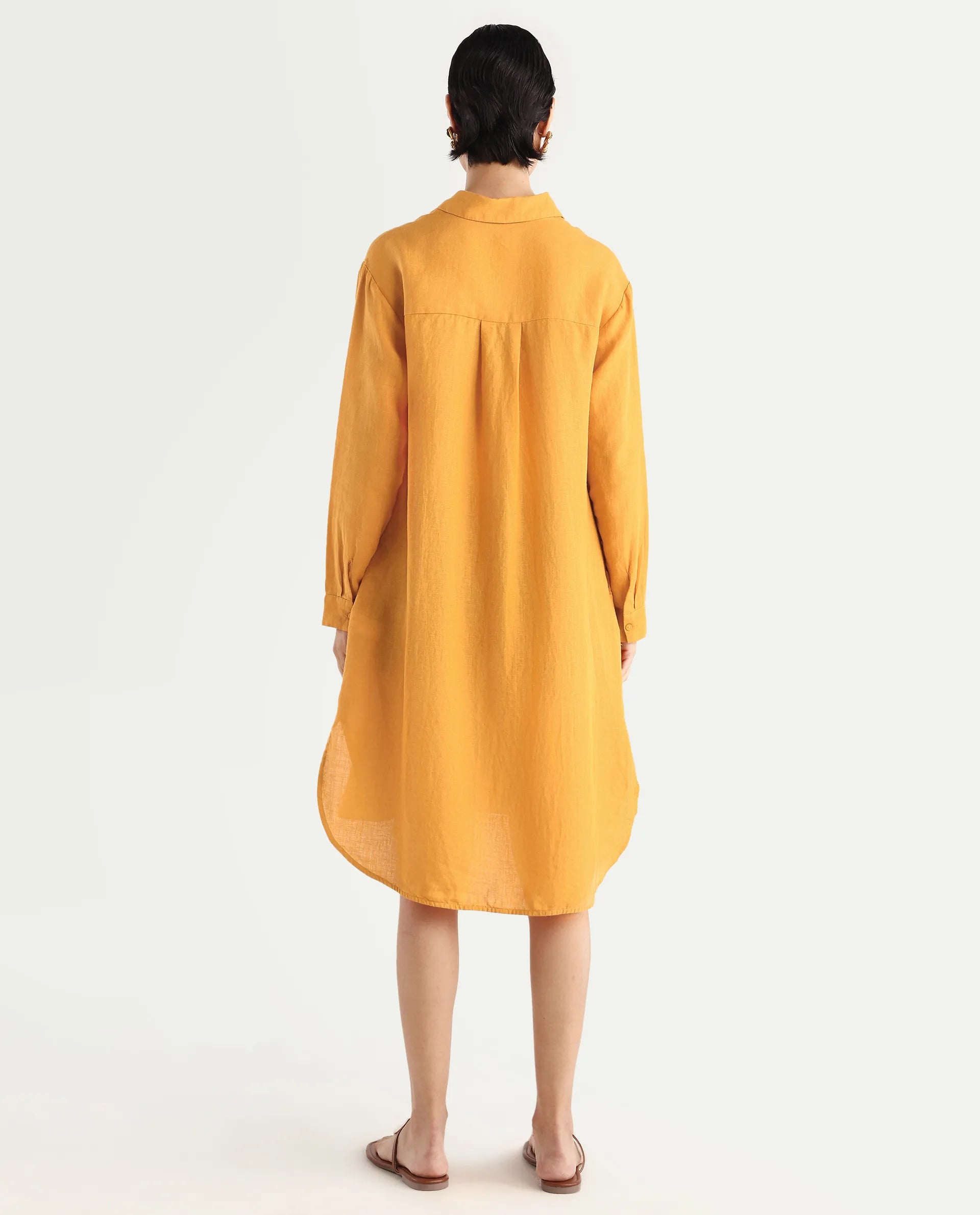 Rareism Women's Nentu Orange Linen Cuffed Sleeve Spread Collar Relaxed Fit Plain Dress