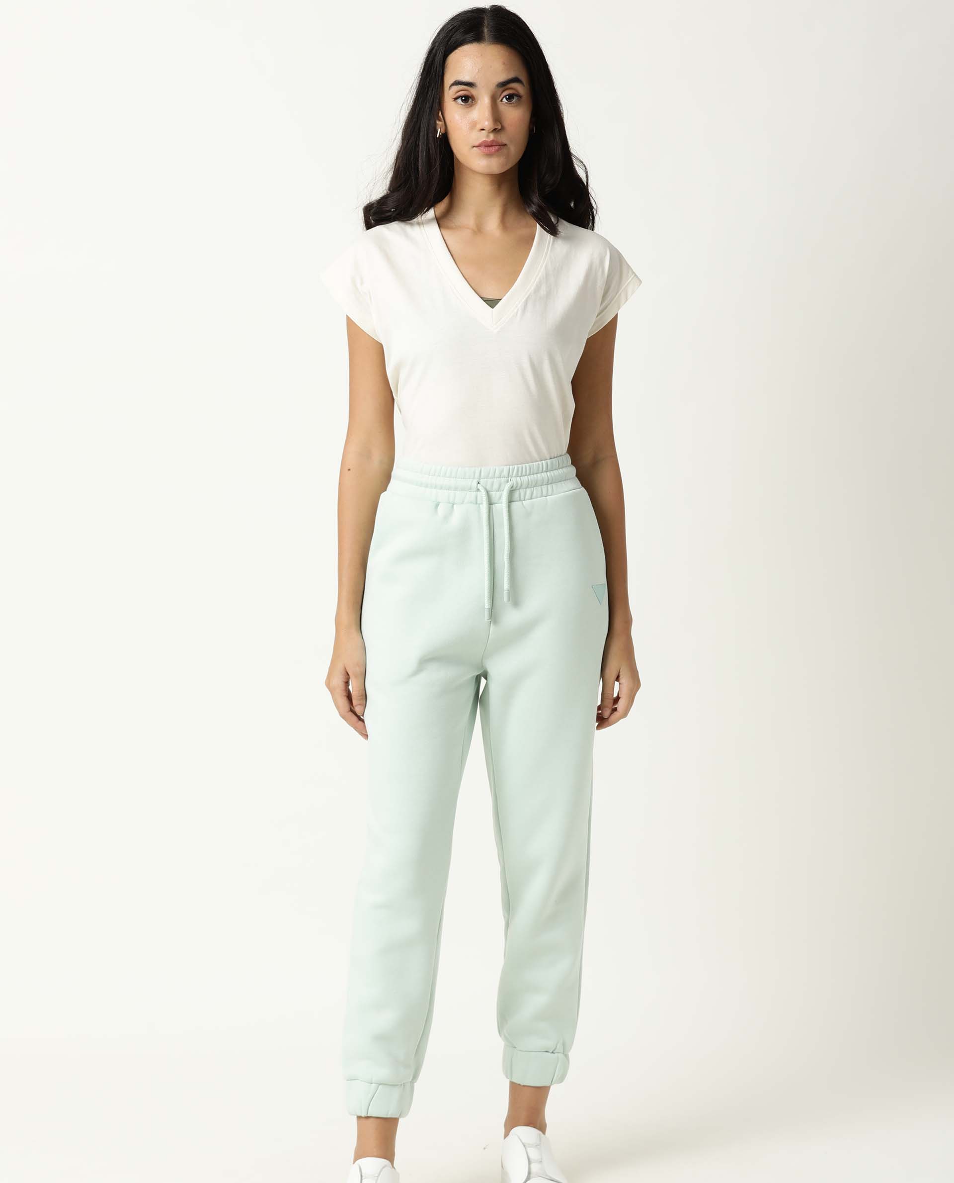 Rareism Women Neo Green Poly Cotton Fabric Tailored Fit Solid Mid Rise Ankle Length Track Pant