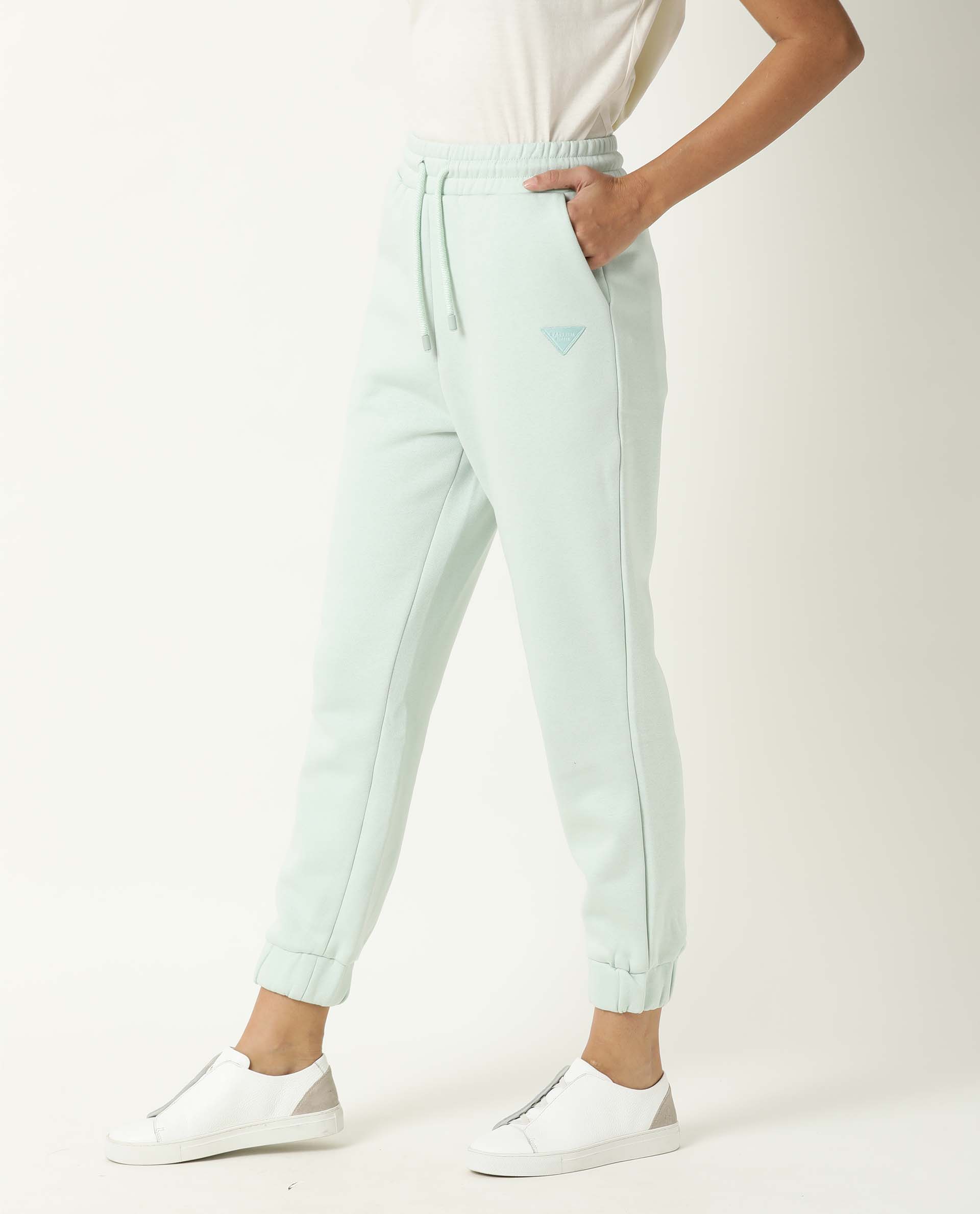 Rareism Women Neo Green Poly Cotton Fabric Tailored Fit Solid Mid Rise Ankle Length Track Pant