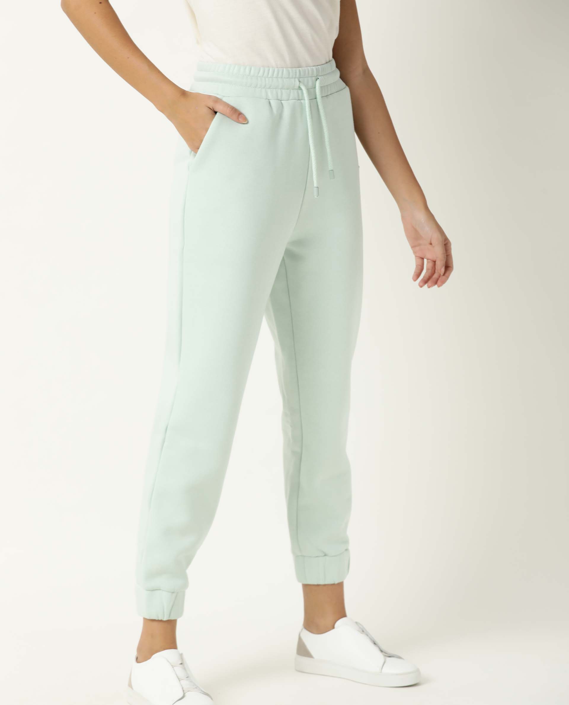 Rareism Women Neo Green Poly Cotton Fabric Tailored Fit Solid Mid Rise Ankle Length Track Pant