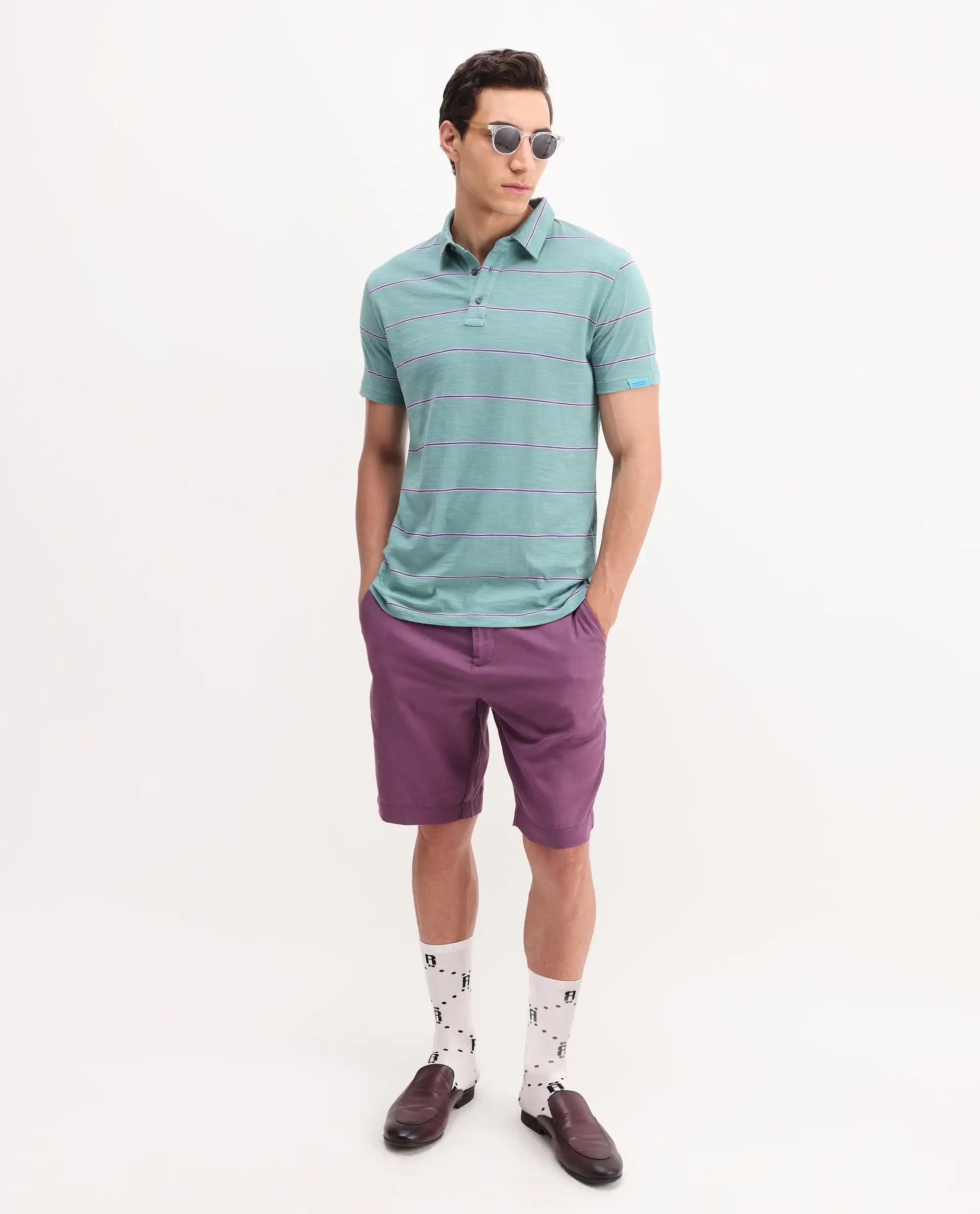 Rare Rabbit Men's Neonss Green Cotton Striped Print Regular Fit Half Sleeve Polo