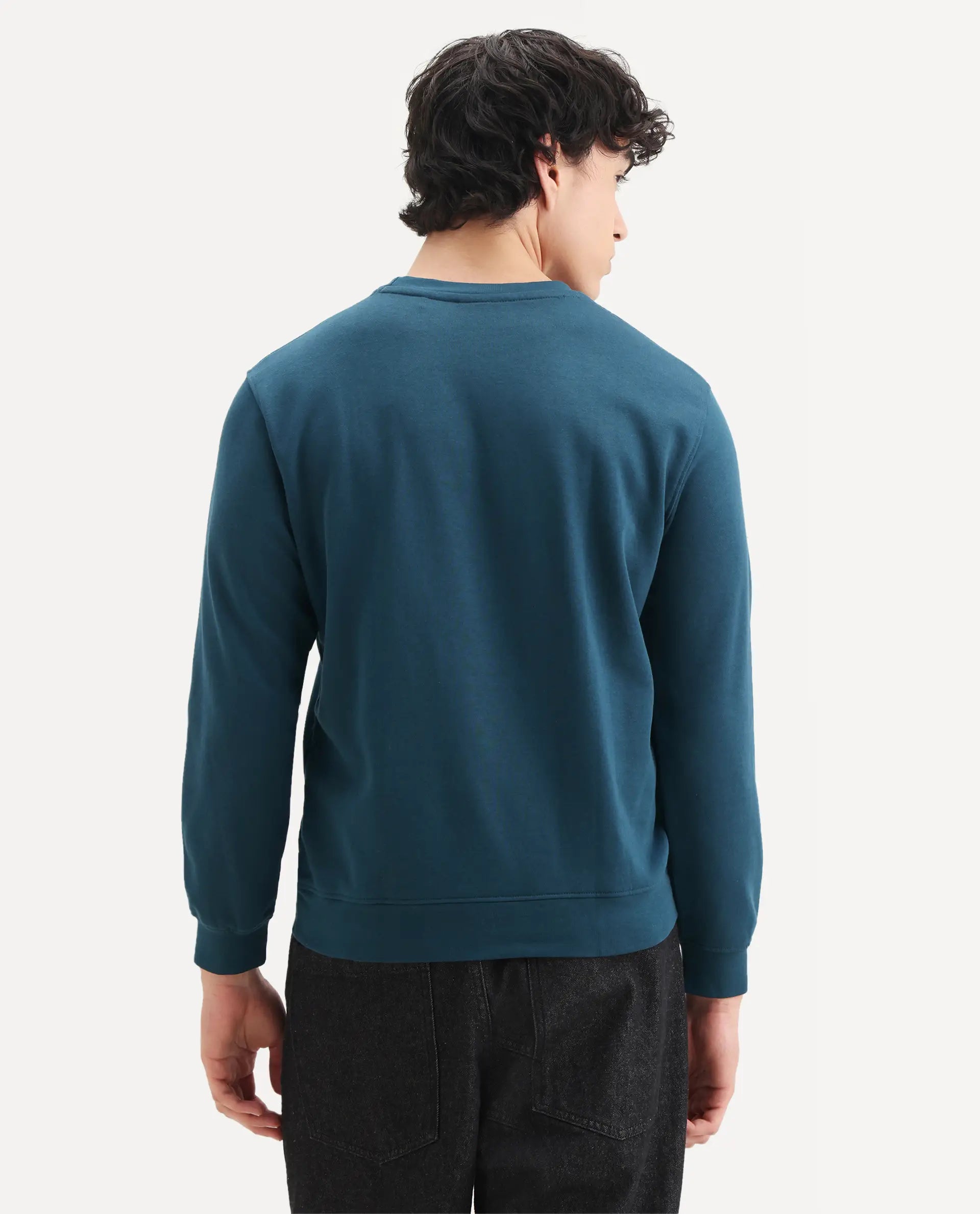 Rare Rabbit Men's Neos Petrol Cotton Embroidered Regular Fit Full Sleeve Crew Neck Sweatshirt