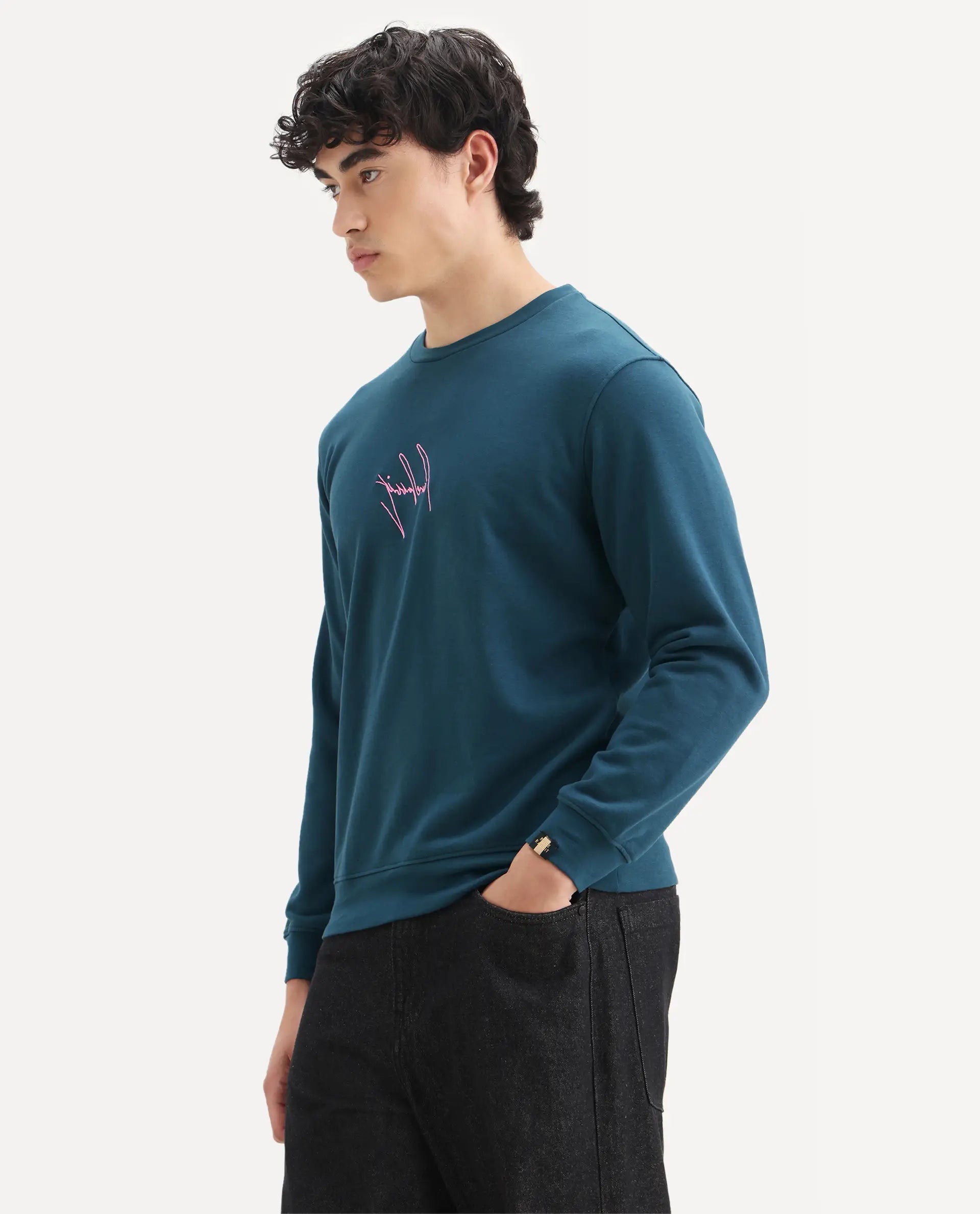 Rare Rabbit Men's Neos Petrol Cotton Embroidered Regular Fit Full Sleeve Crew Neck Sweatshirt