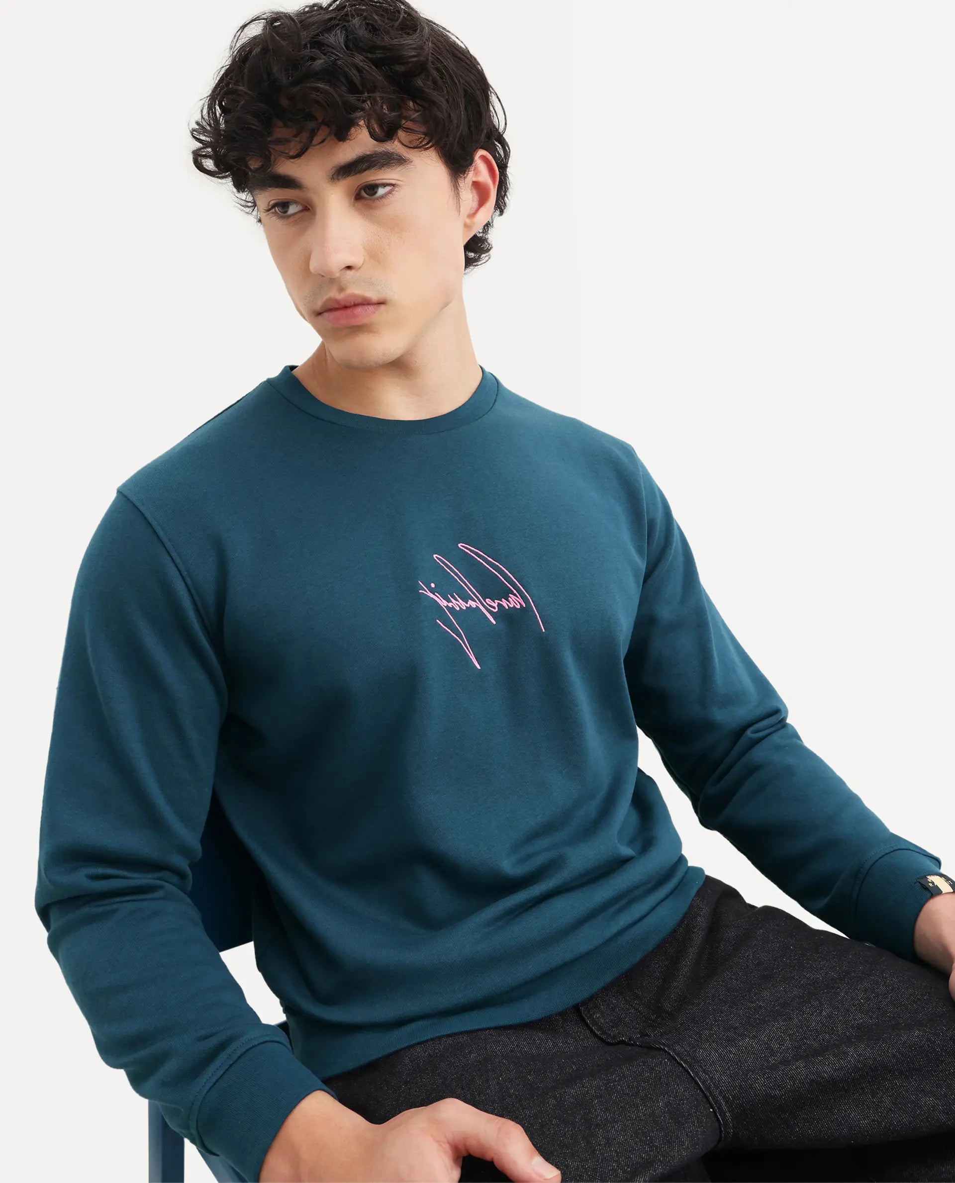 Rare Rabbit Men's Neos Petrol Cotton Embroidered Regular Fit Full Sleeve Crew Neck Sweatshirt