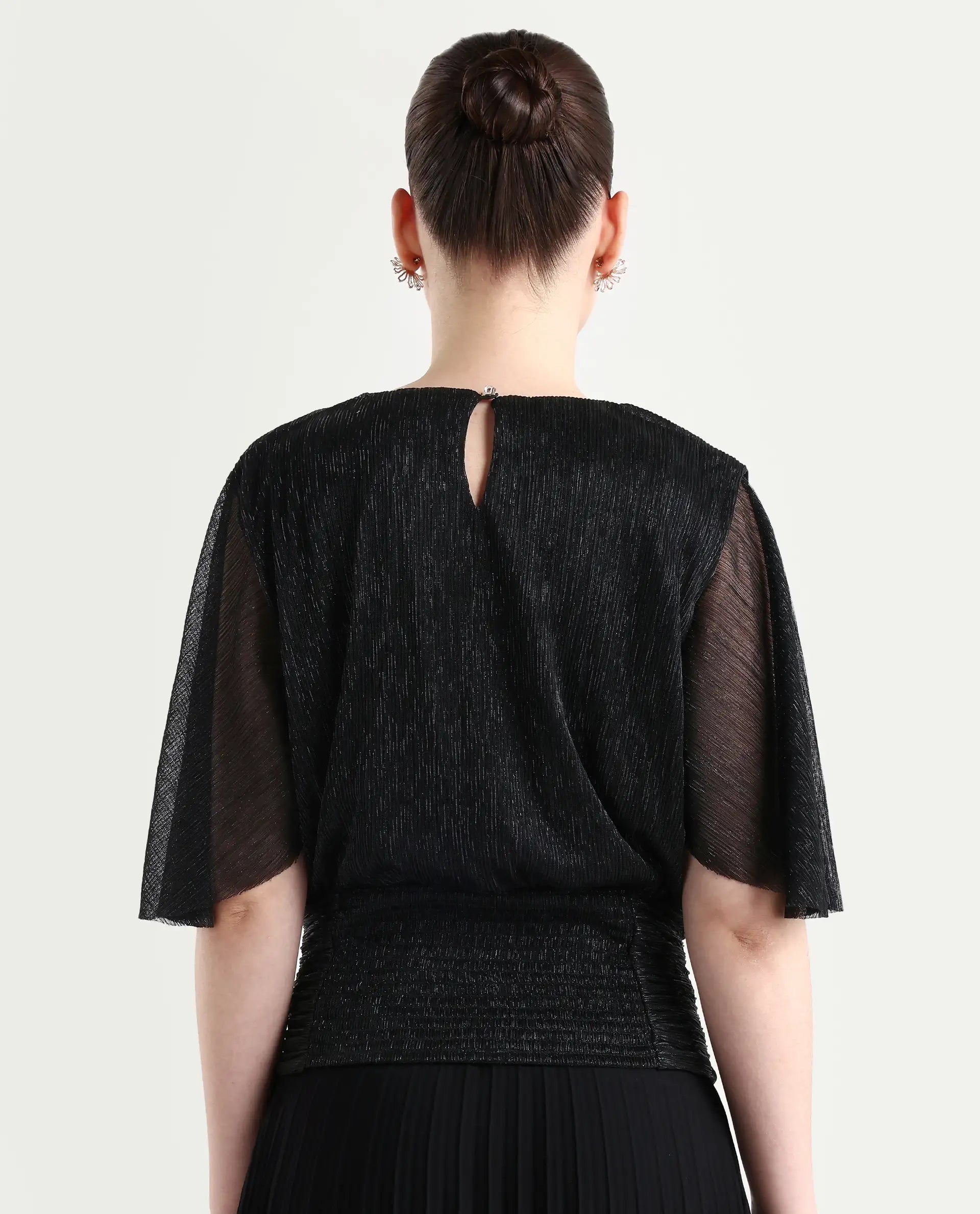 Rareism Women's Nergi Metalic Black Polyester V-Neck Shimmer Puff Sleeves Regular Fit Top