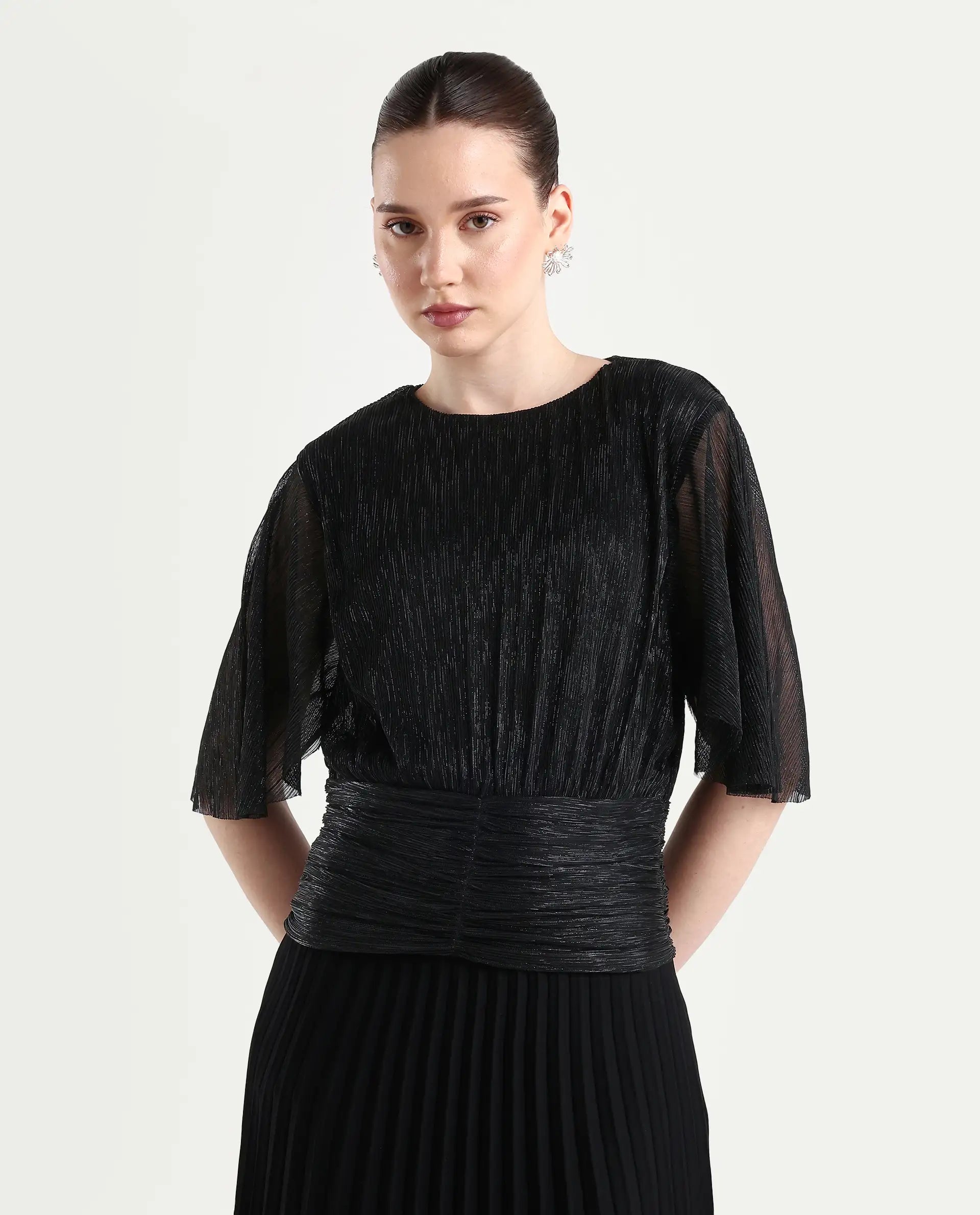 Rareism Women's Nergi Metalic Black Polyester V-Neck Shimmer Puff Sleeves Regular Fit Top