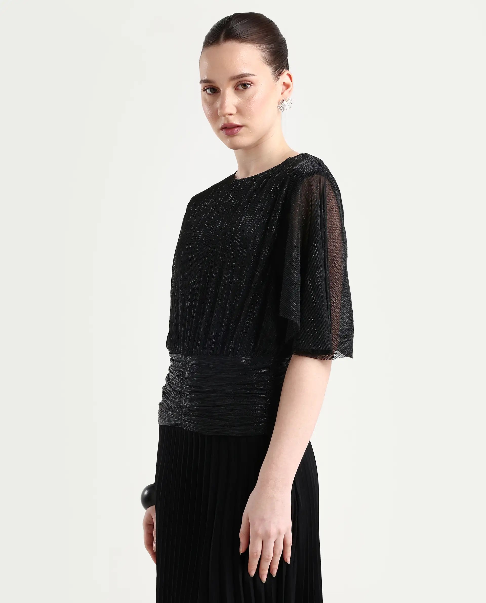 Rareism Women's Nergi Metalic Black Polyester V-Neck Shimmer Puff Sleeves Regular Fit Top