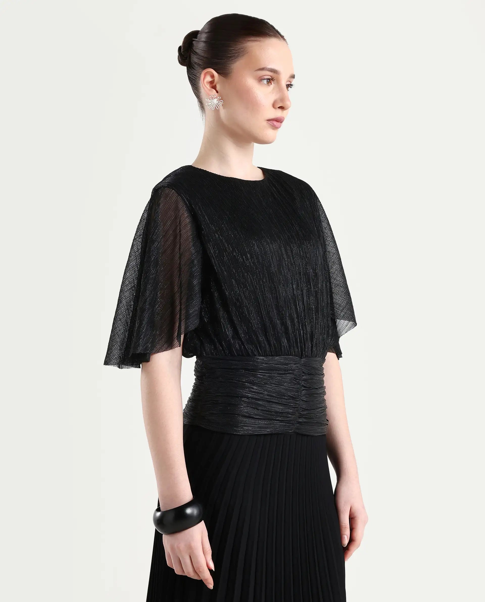 Rareism Women's Nergi Metalic Black Polyester V-Neck Shimmer Puff Sleeves Regular Fit Top