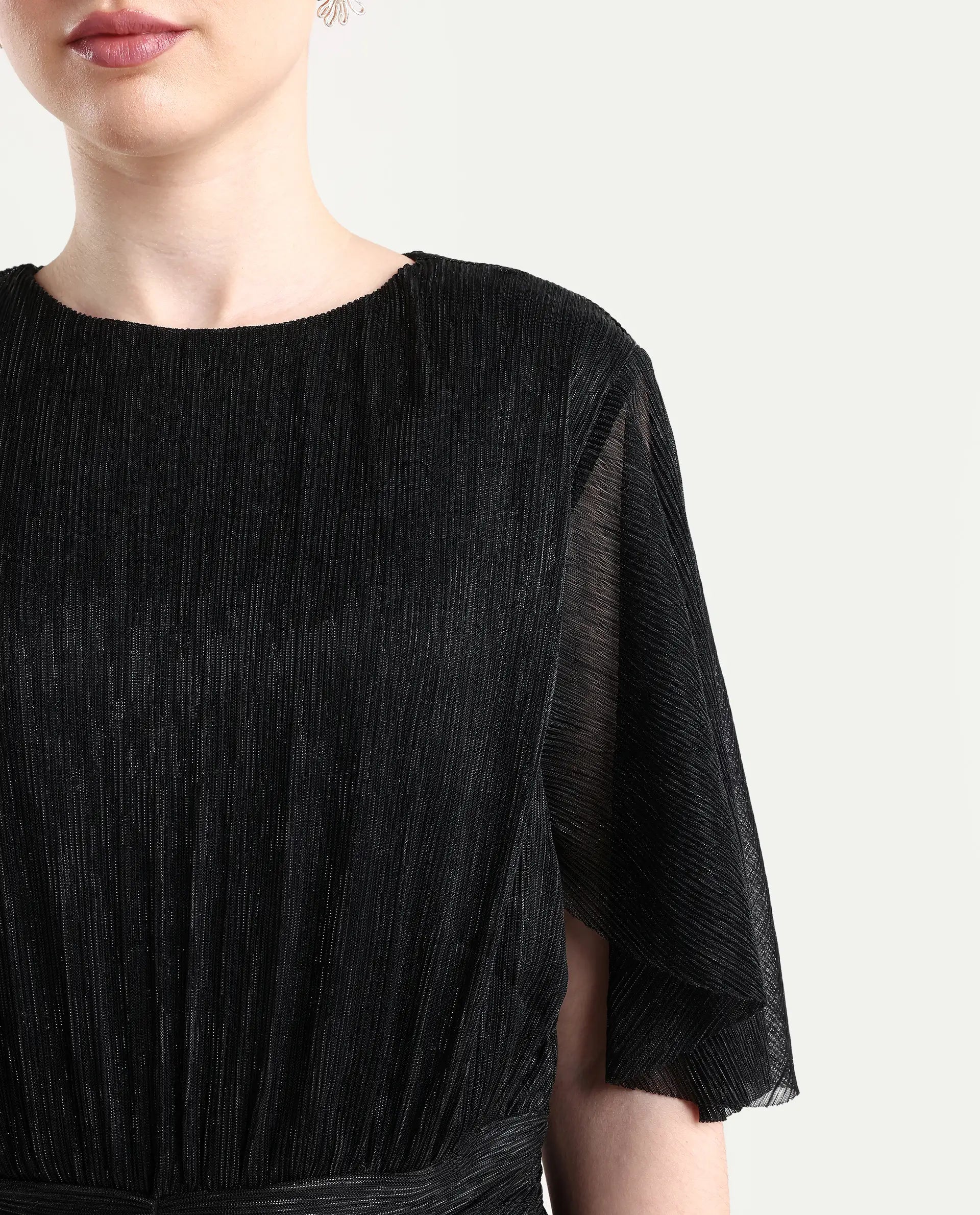 Rareism Women's Nergi Metalic Black Polyester V-Neck Shimmer Puff Sleeves Regular Fit Top