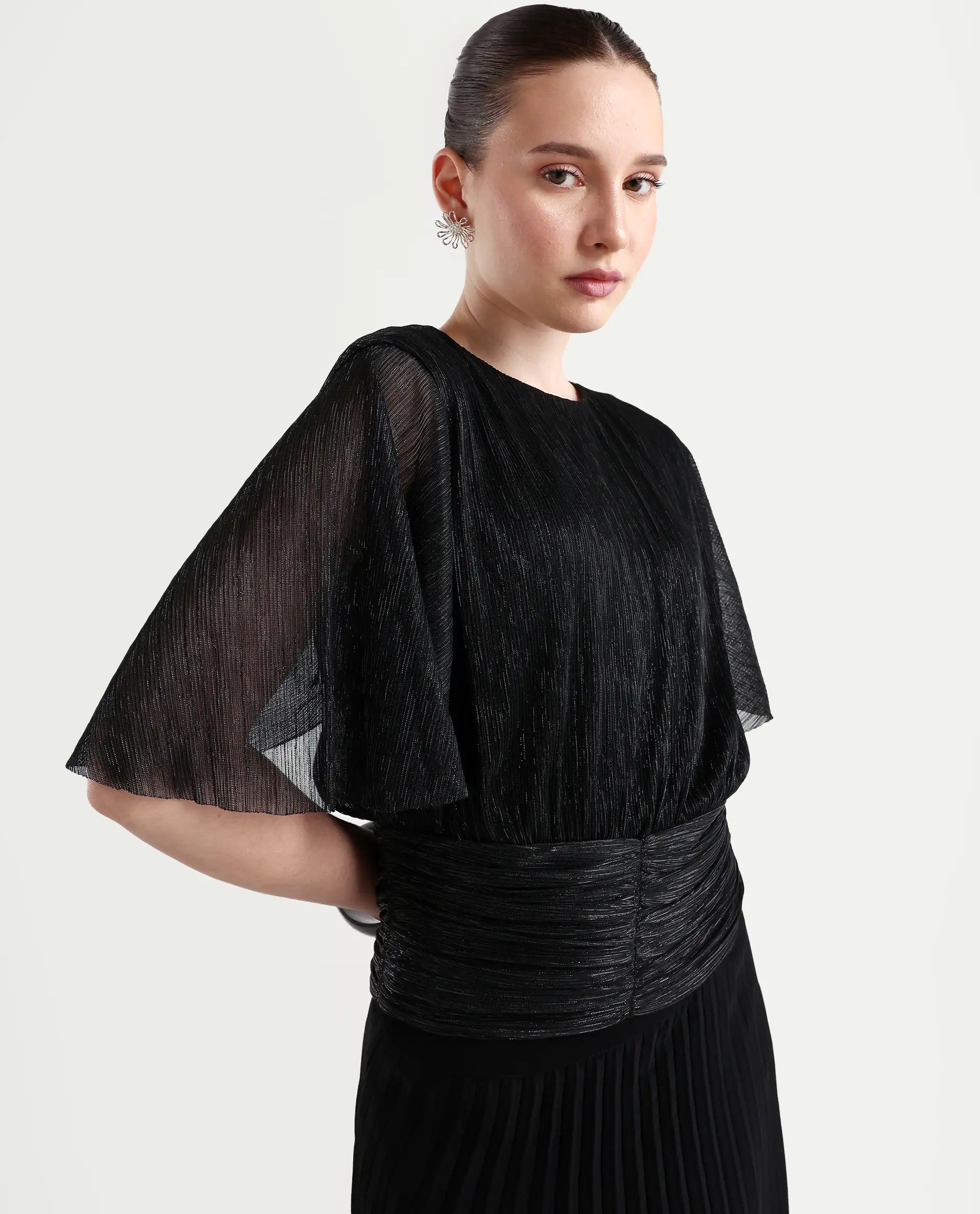 Rareism Women's Nergi Metalic Black Polyester V-Neck Shimmer Puff Sleeves Regular Fit Top