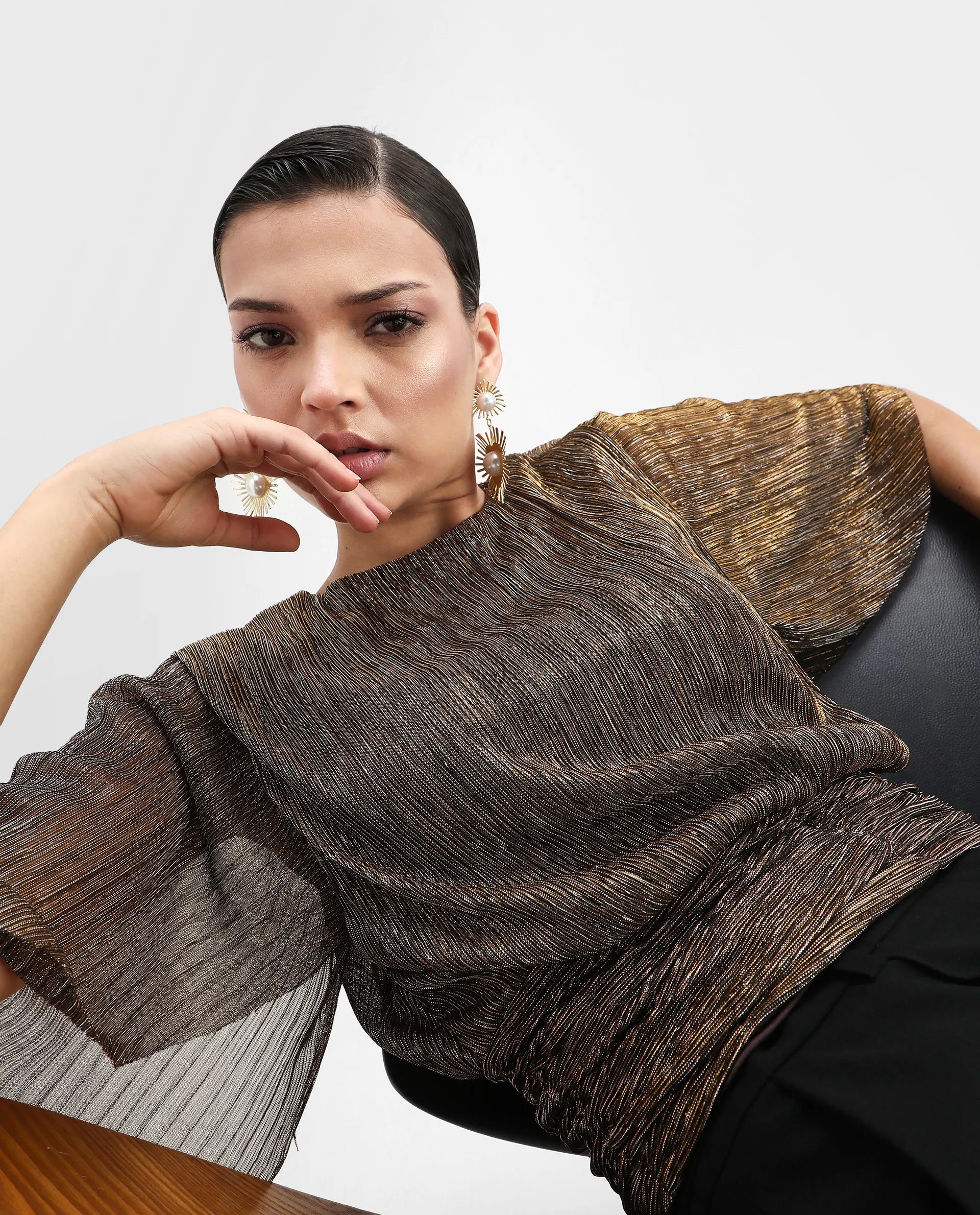 Rareism Women's Nergi Metalic Gold Polyester V-Neck Shimmer Puff Sleeves Regular Fit Top