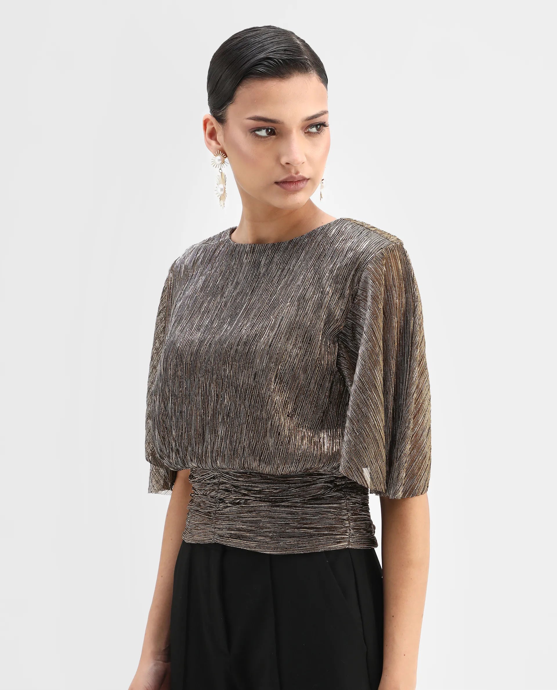 Rareism Women's Nergi Metalic Gold Polyester V-Neck Shimmer Puff Sleeves Regular Fit Top