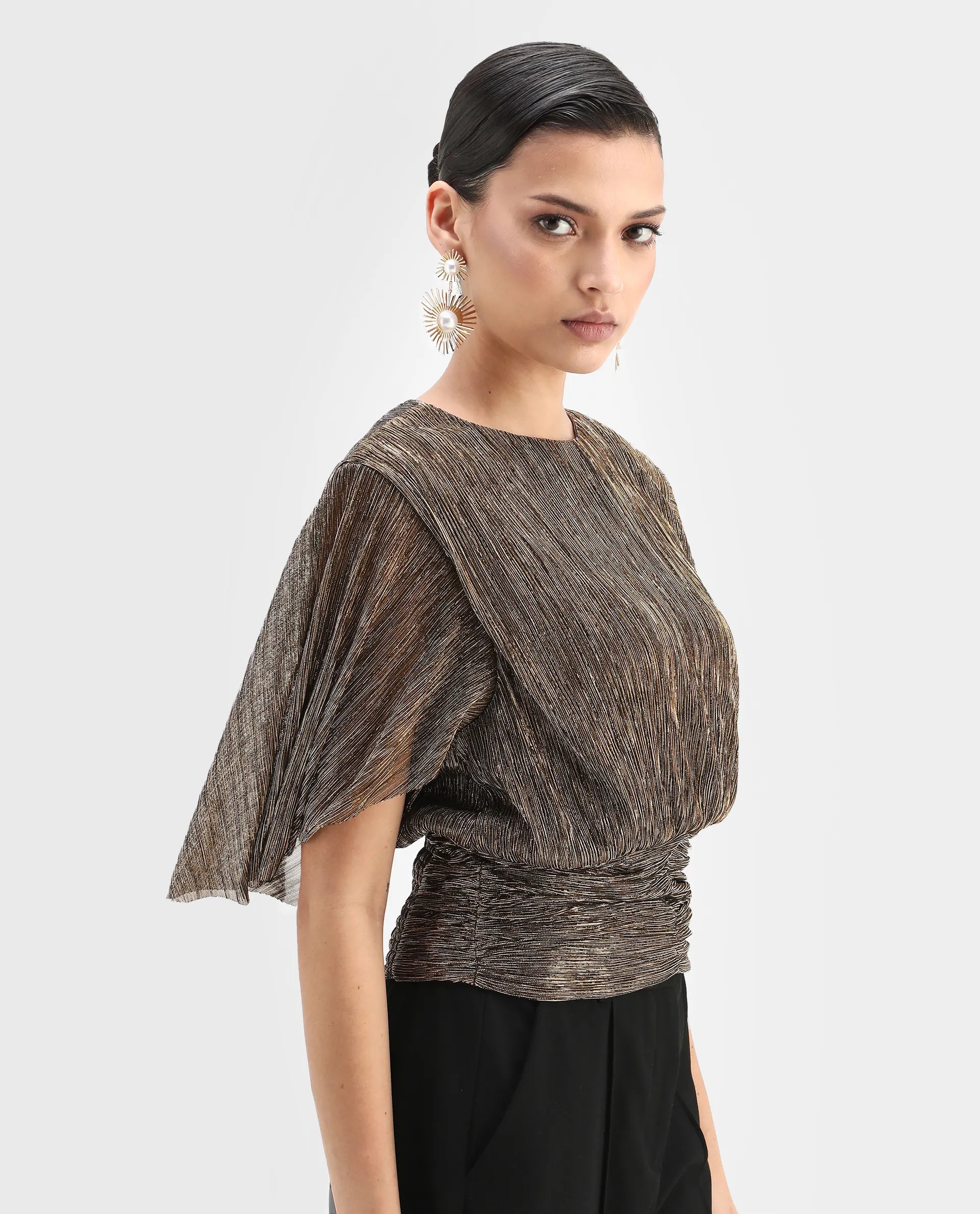 Rareism Women's Nergi Metalic Gold Polyester V-Neck Shimmer Puff Sleeves Regular Fit Top