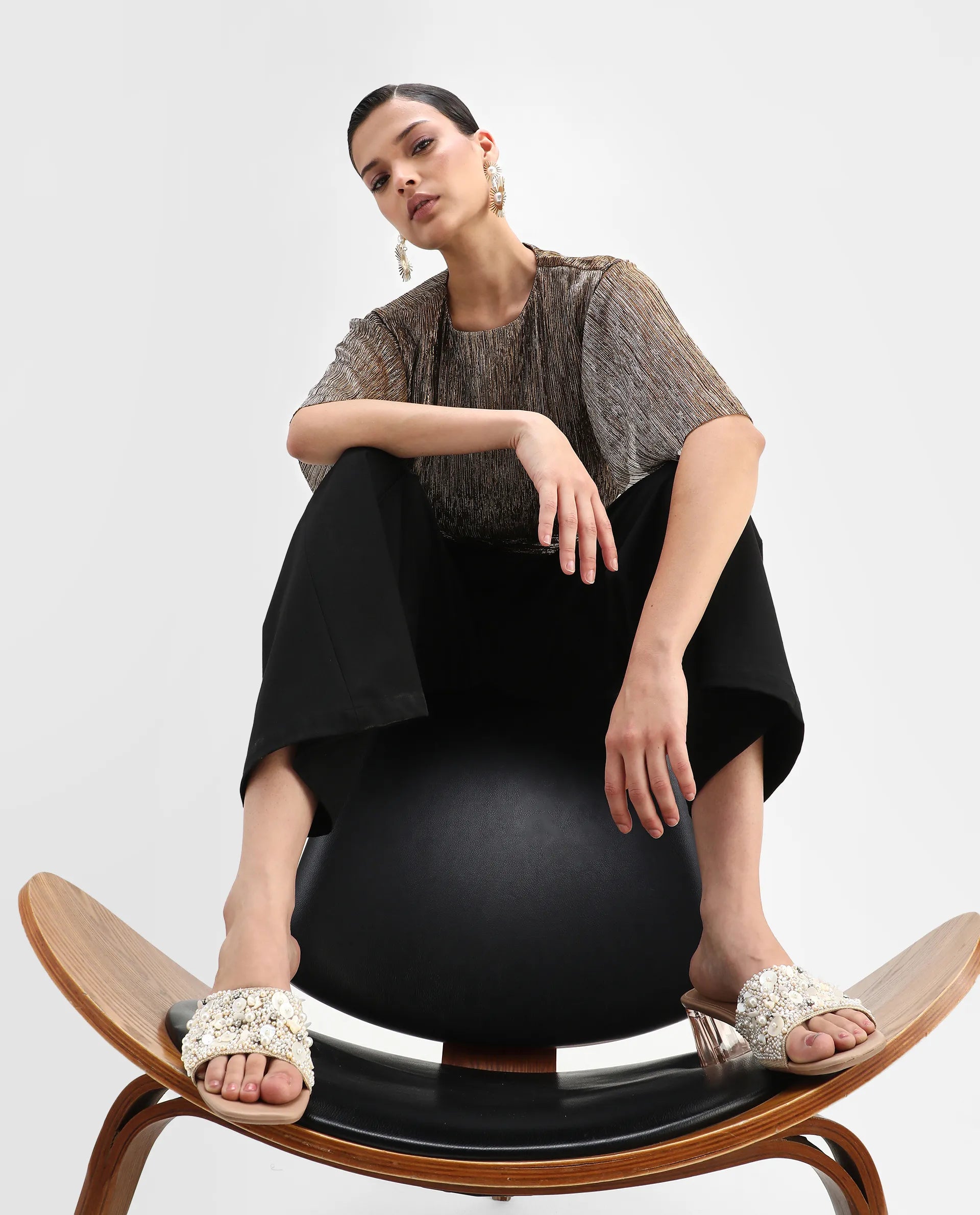 Rareism Women's Nergi Metalic Gold Polyester V-Neck Shimmer Puff Sleeves Regular Fit Top