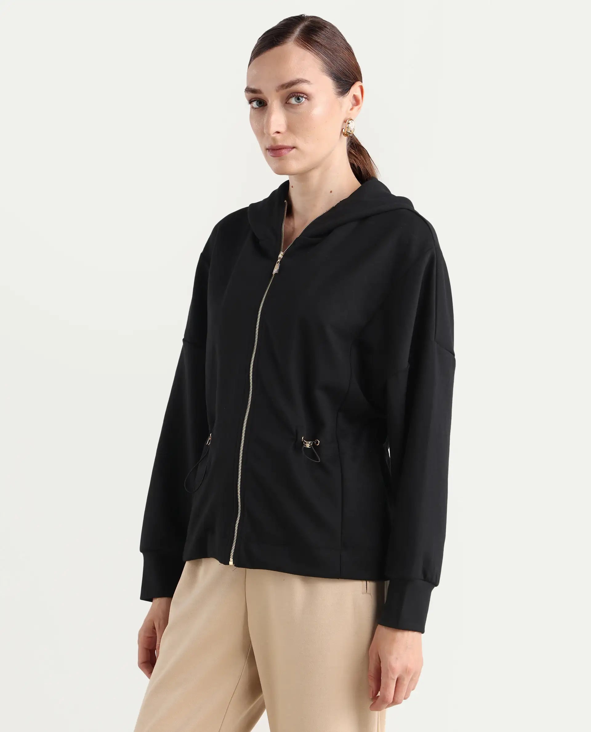 Rareism Women's Nerlo Black Modal Blend Fabric Hooded Relaxed Fit Printed Sweatshirt