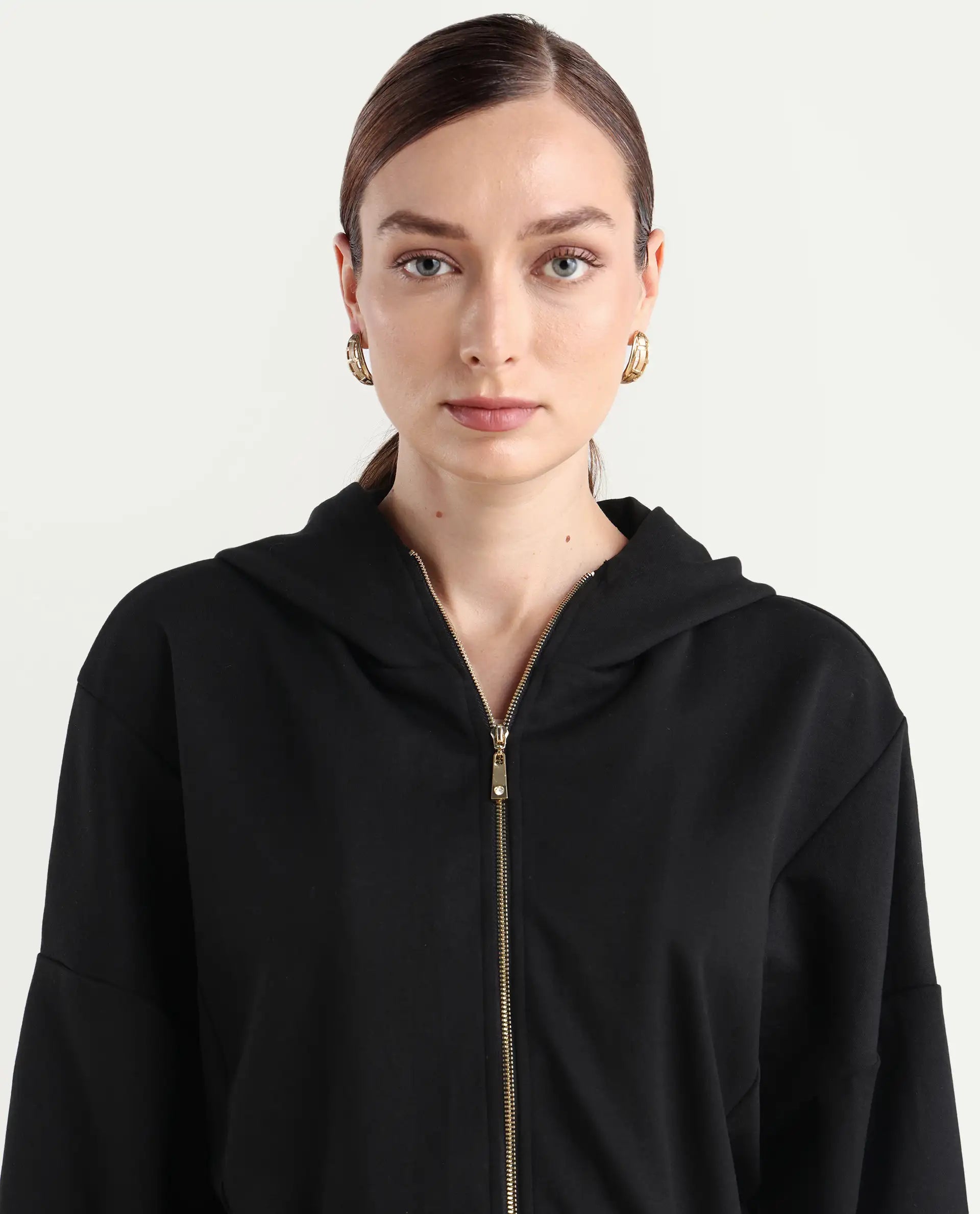 Rareism Women's Nerlo Black Modal Blend Fabric Hooded Relaxed Fit Printed Sweatshirt