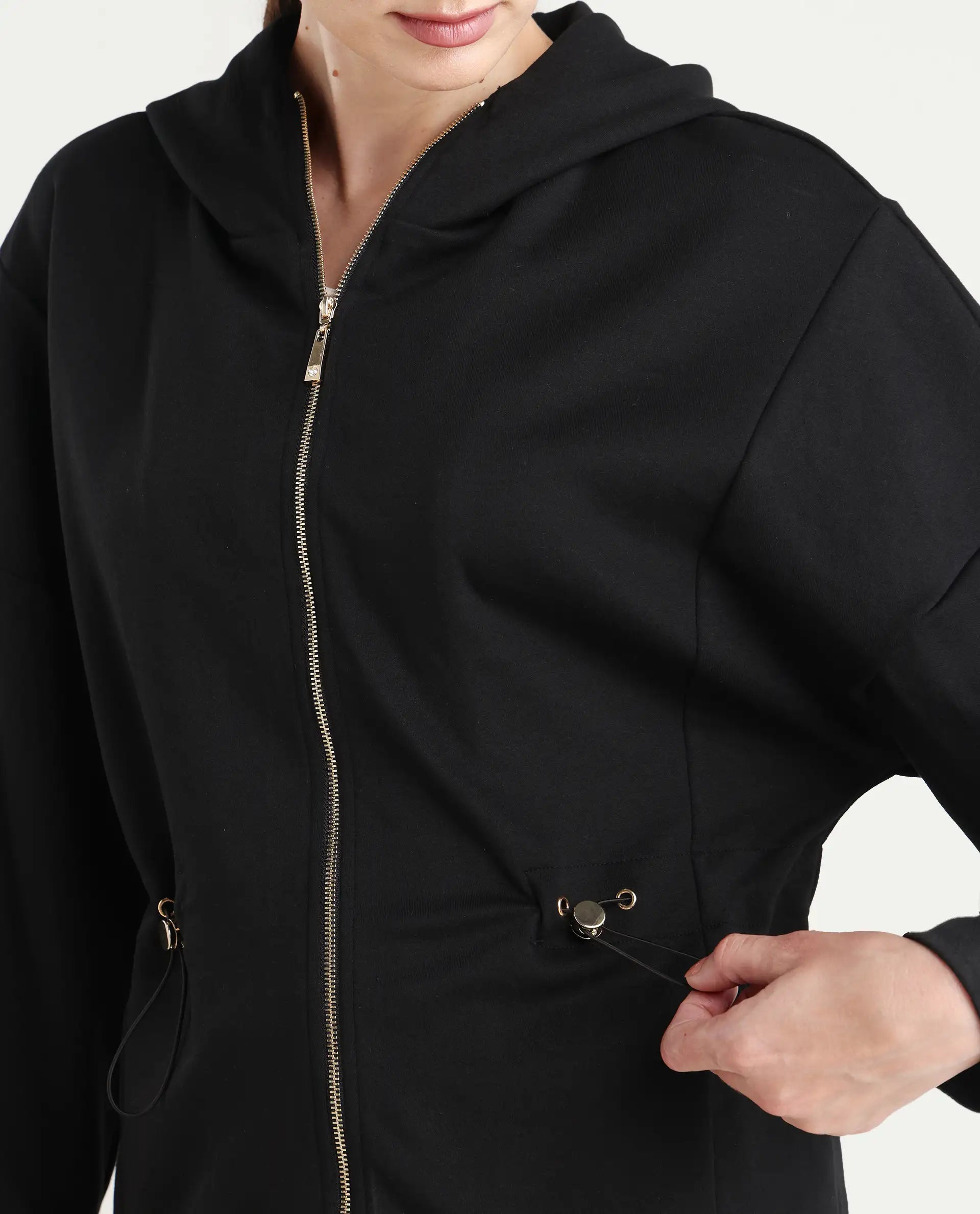 Rareism Women's Nerlo Black Modal Blend Fabric Hooded Relaxed Fit Printed Sweatshirt