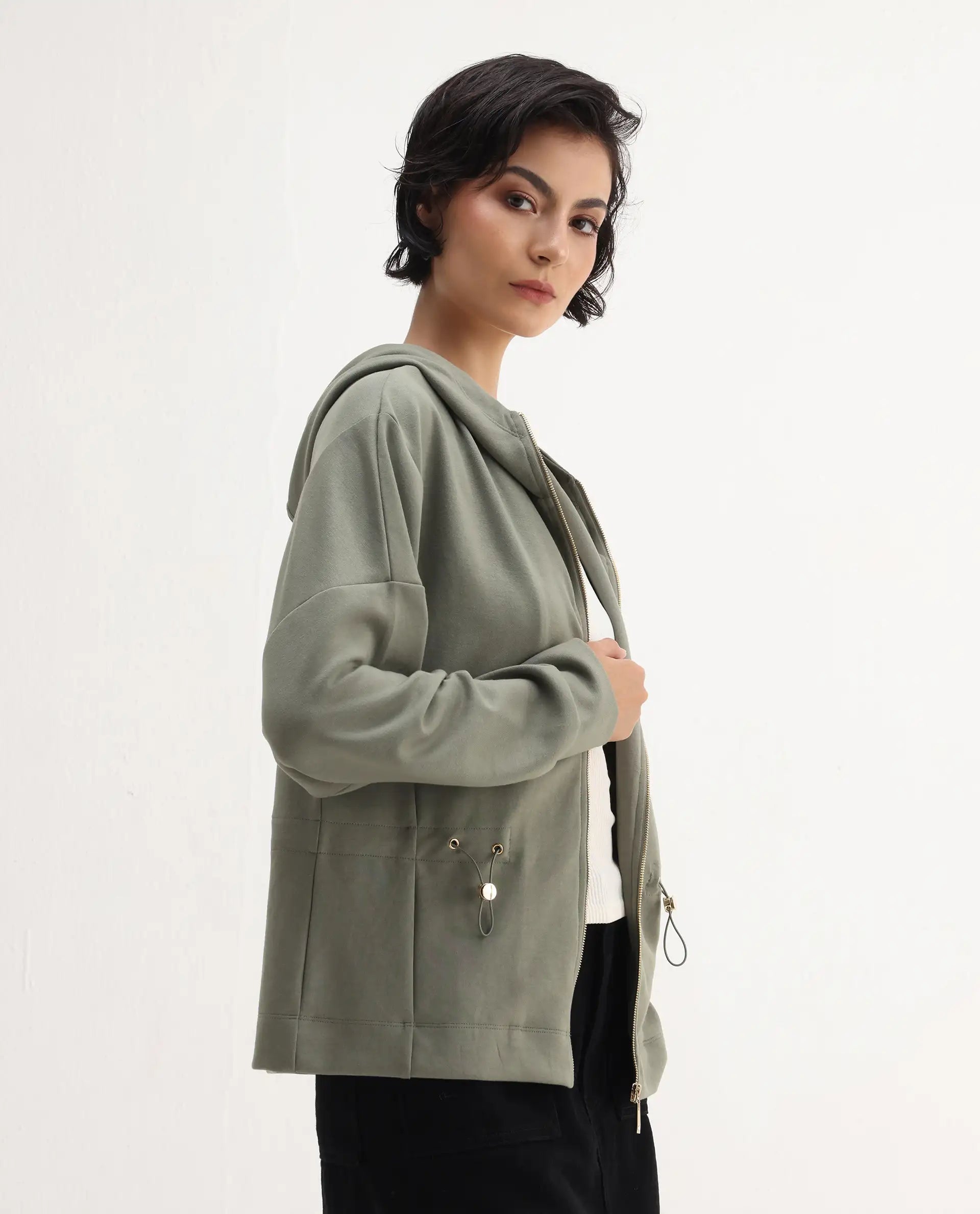 Rareism Women's Nerlo Dusky Green Modal Blend Hooded Relaxed Fit Printed Sweatshirt