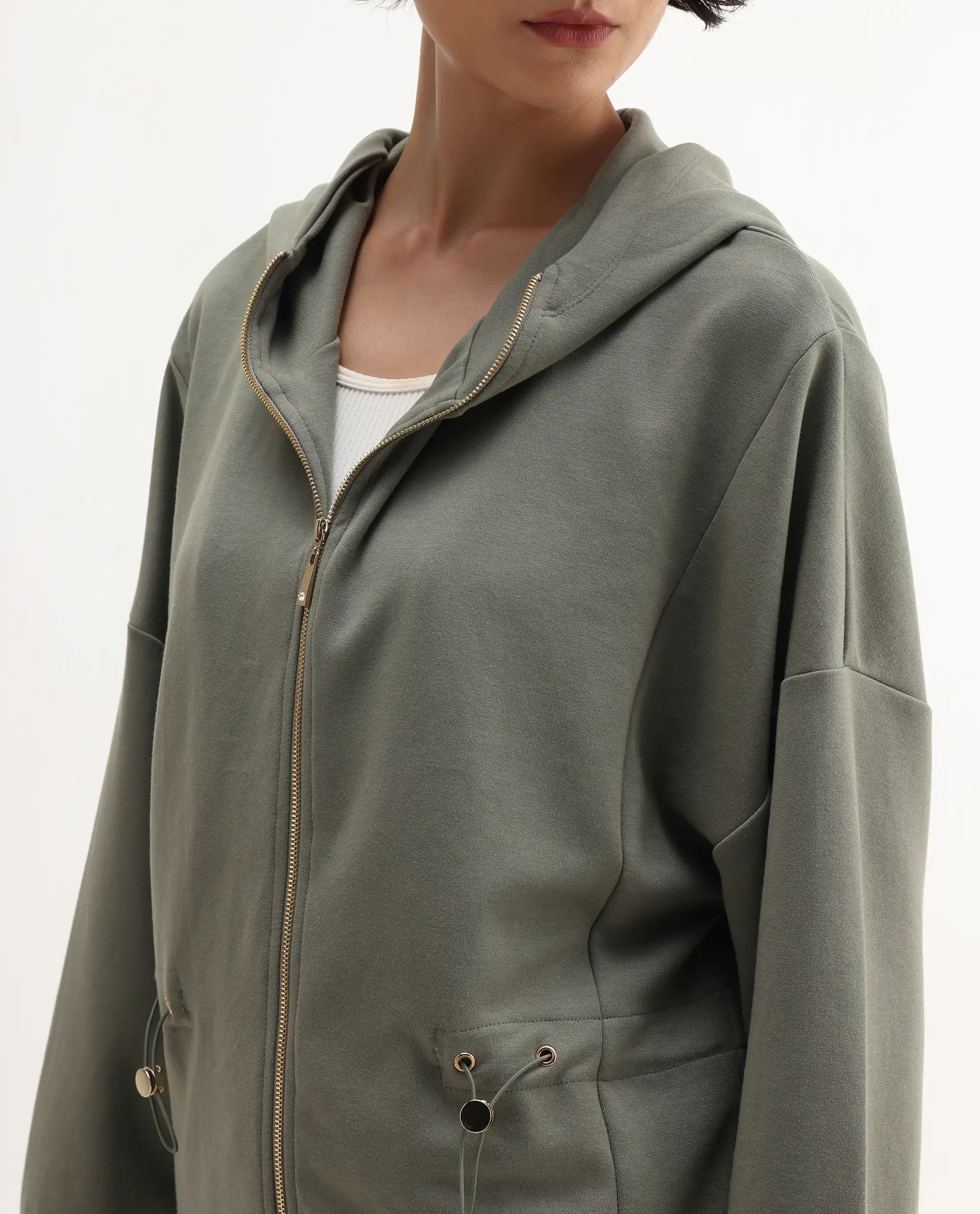 Rareism Women's Nerlo Dusky Green Modal Blend Hooded Relaxed Fit Printed Sweatshirt