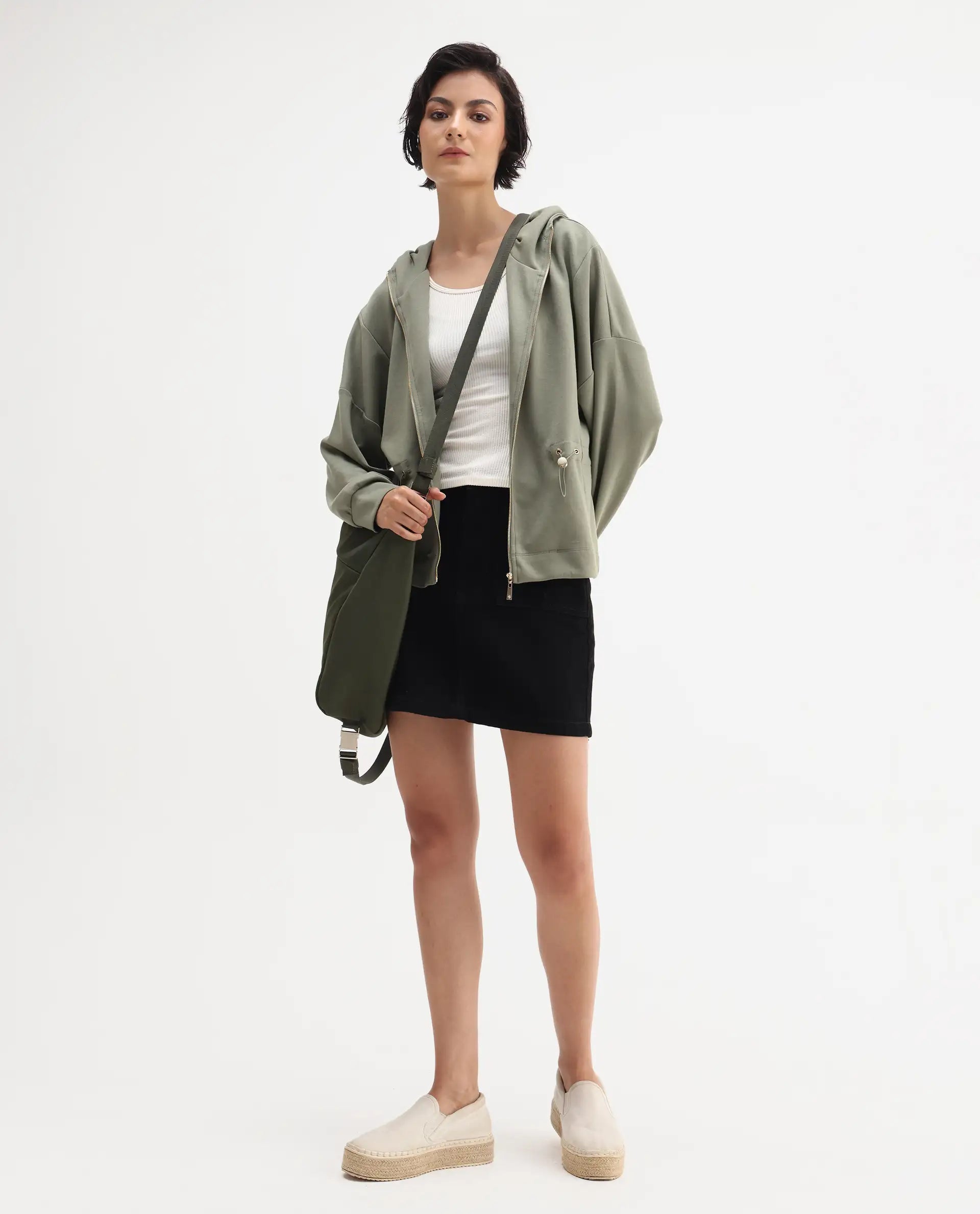 Rareism Women's Nerlo Dusky Green Modal Blend Hooded Relaxed Fit Printed Sweatshirt