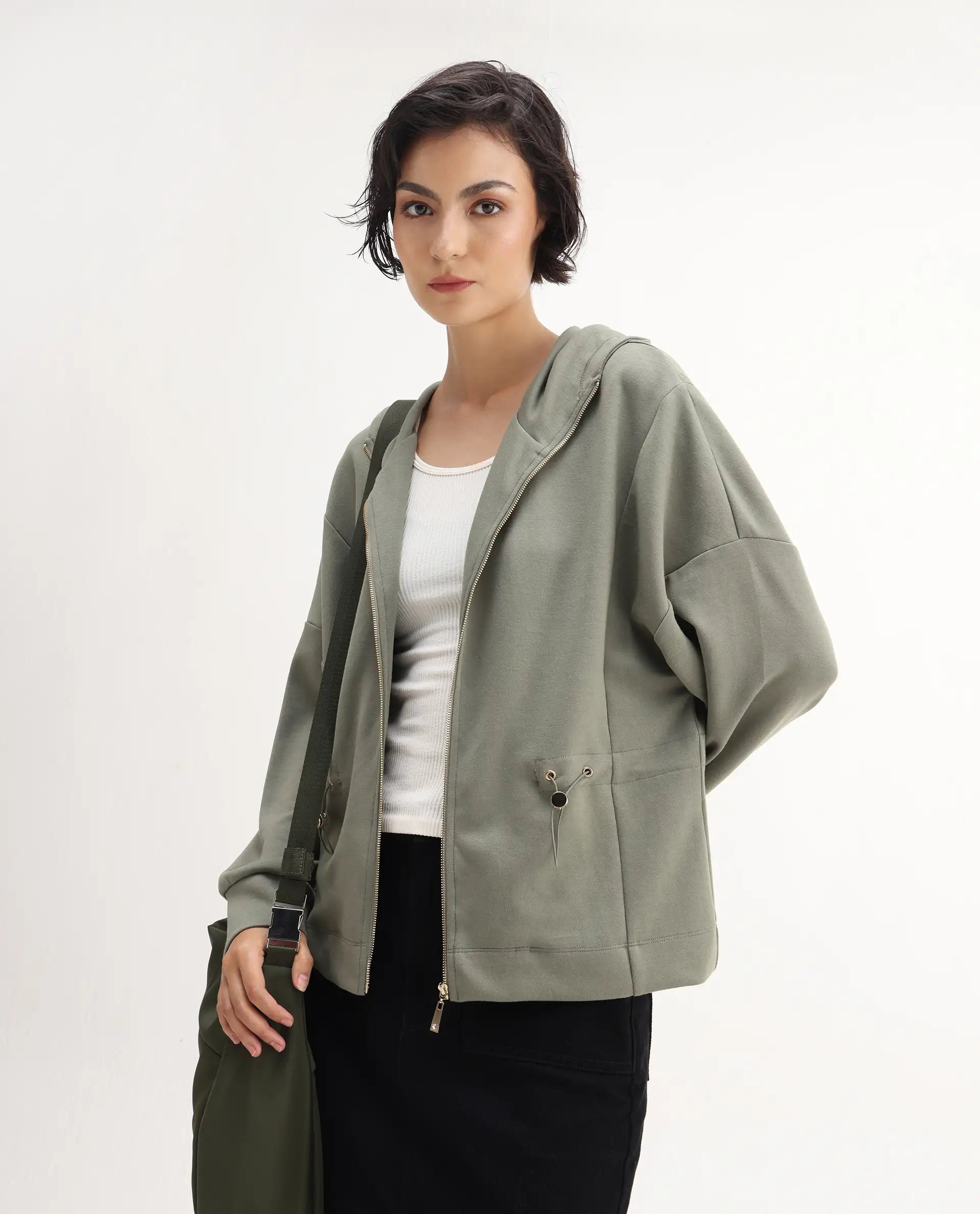 Rareism Women's Nerlo Dusky Green Modal Blend Hooded Relaxed Fit Printed Sweatshirt