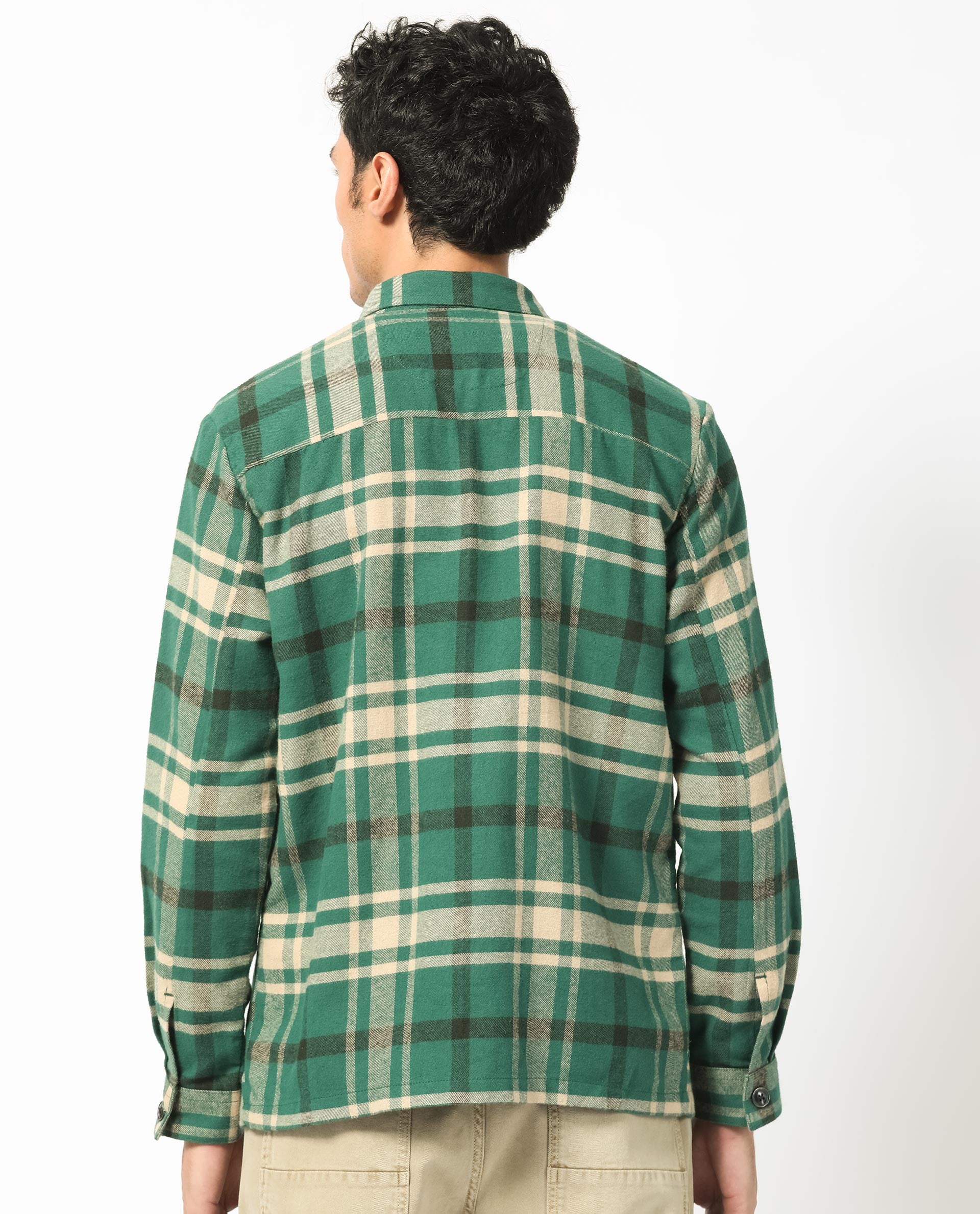 Rare Rabbit Men's Nero Dark Green Cotton Fabric Full Sleeves Button Closure Twill Checks Shacket