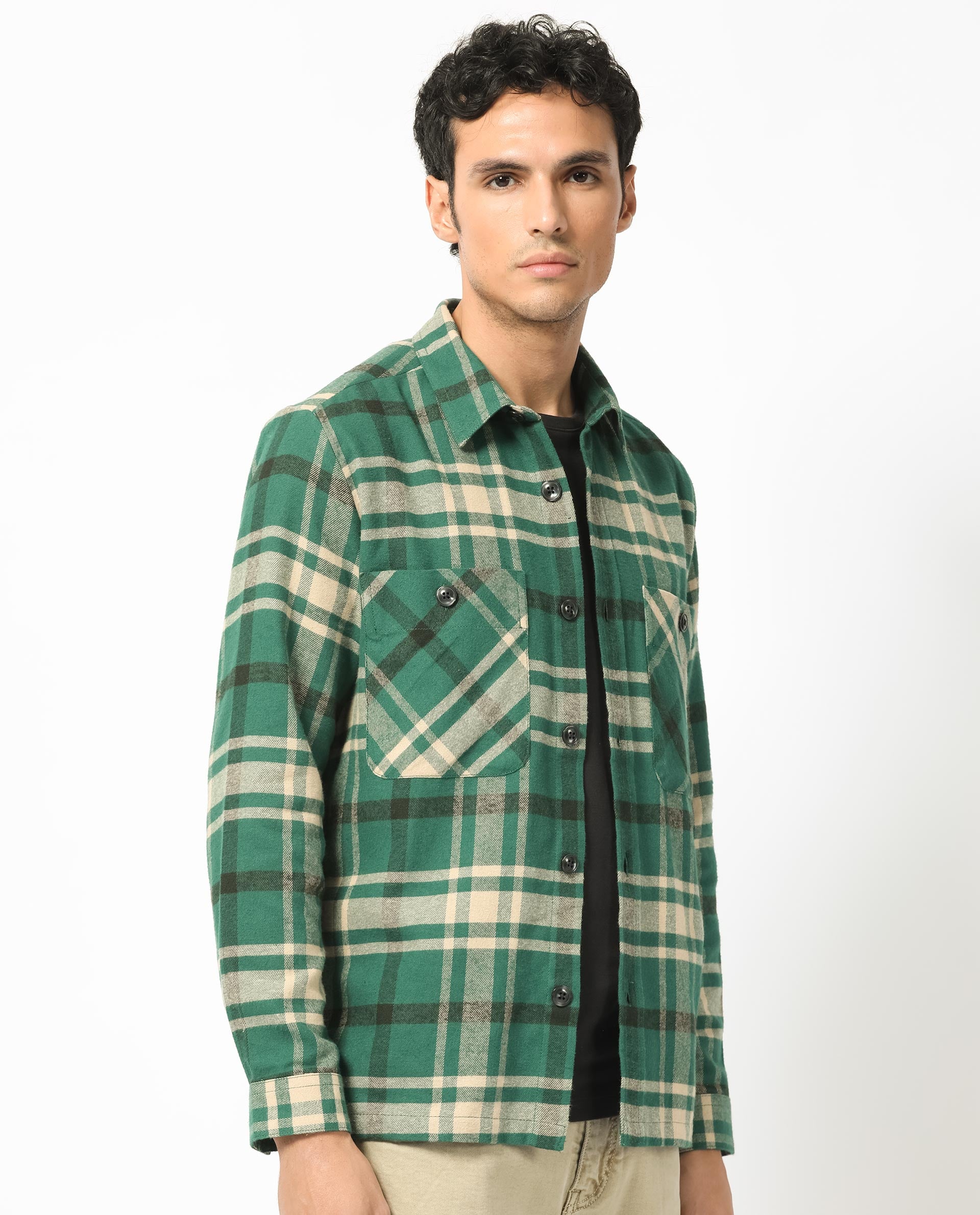 Rare Rabbit Men's Nero Dark Green Cotton Fabric Full Sleeves Button Closure Twill Checks Shacket