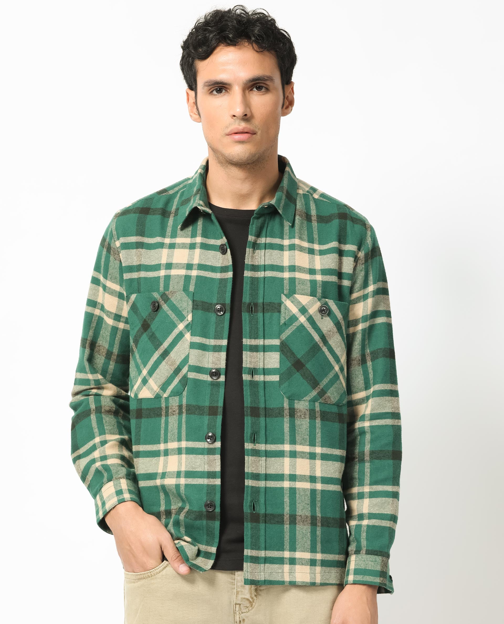 Rare Rabbit Men's Nero Dark Green Cotton Fabric Full Sleeves Button Closure Twill Checks Shacket
