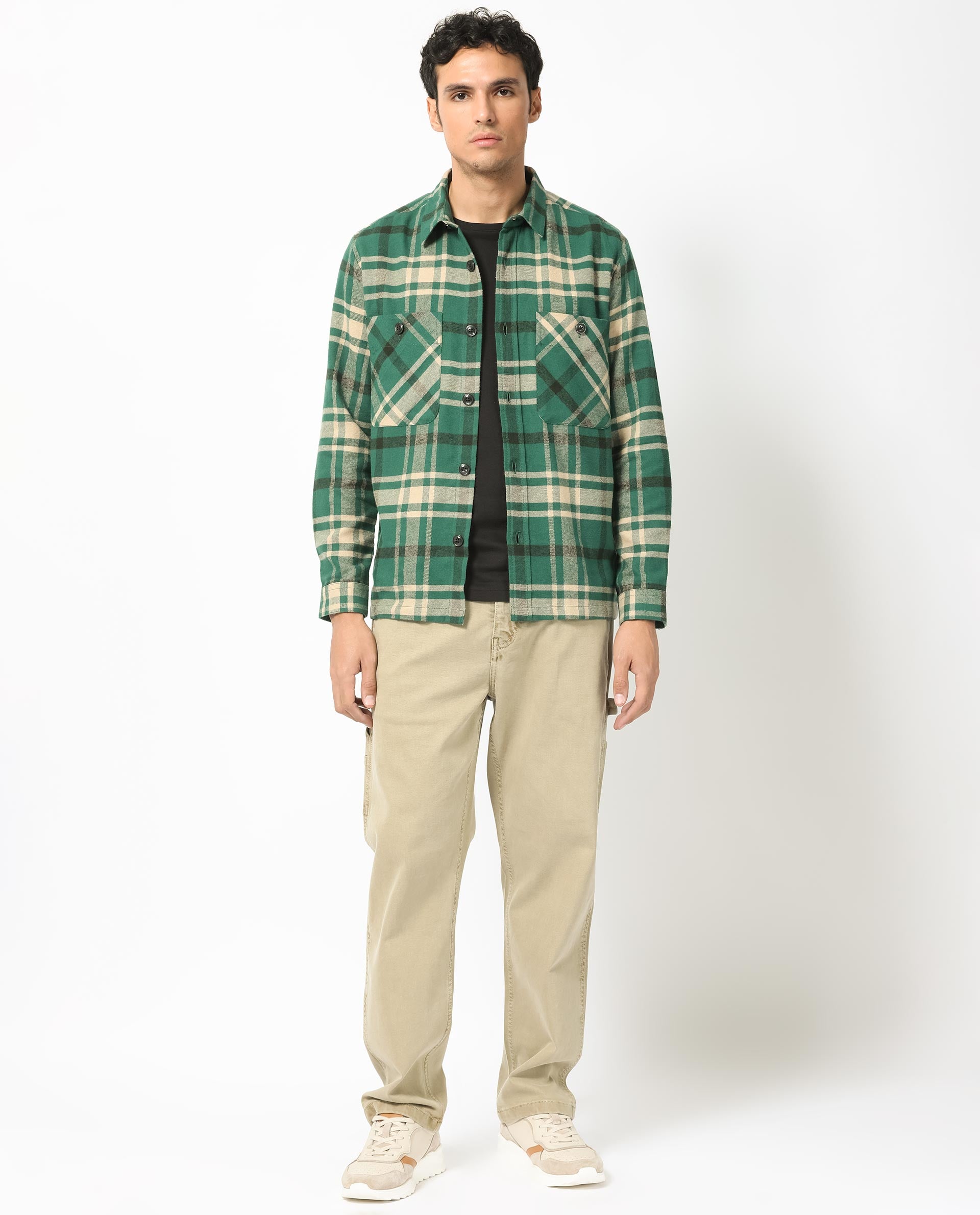 Rare Rabbit Men's Nero Dark Green Cotton Fabric Full Sleeves Button Closure Twill Checks Shacket