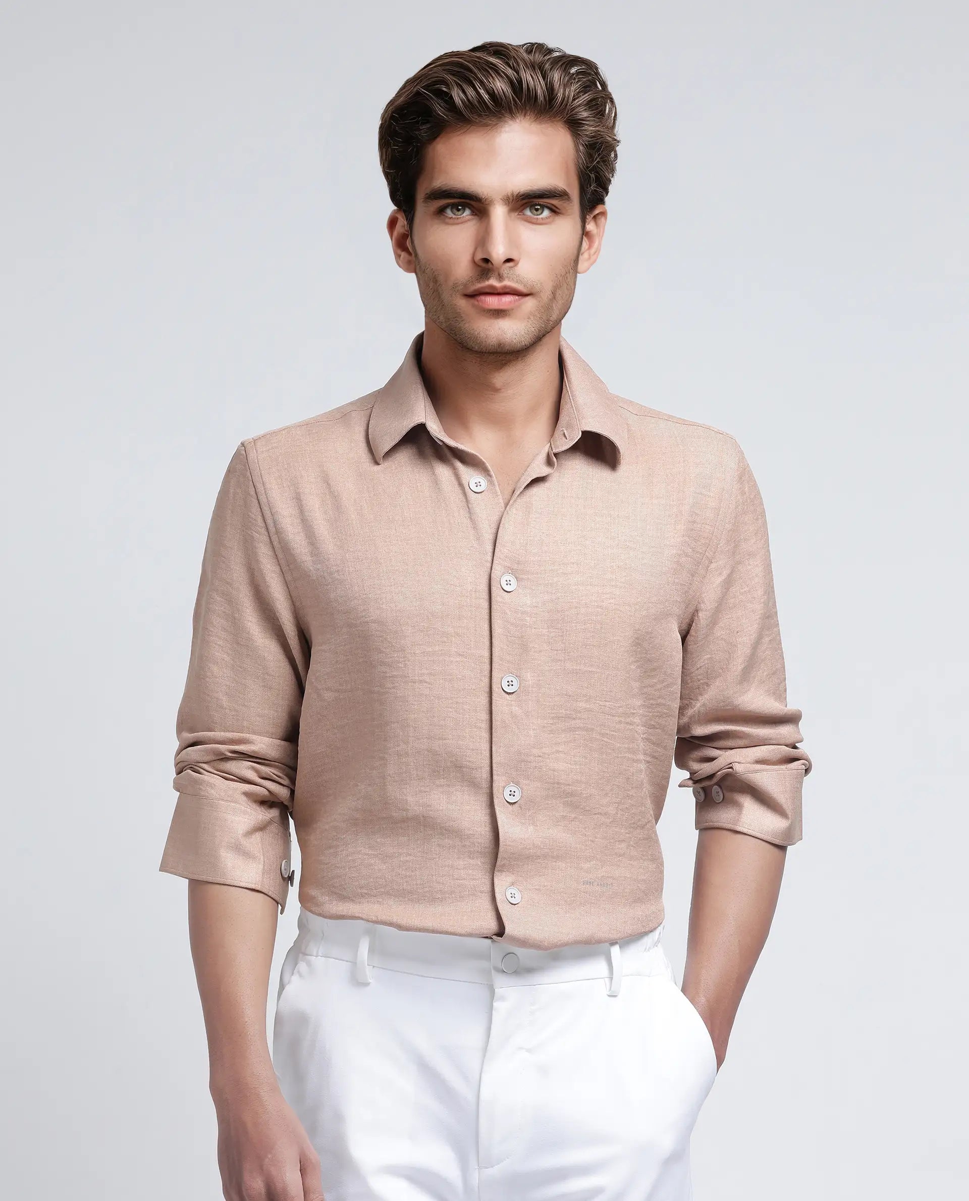 Rare Rabbit Men's Nert Dark Beige Cotton Fabric Full Sleeve Collared Neck Button Closure Plain Shirt