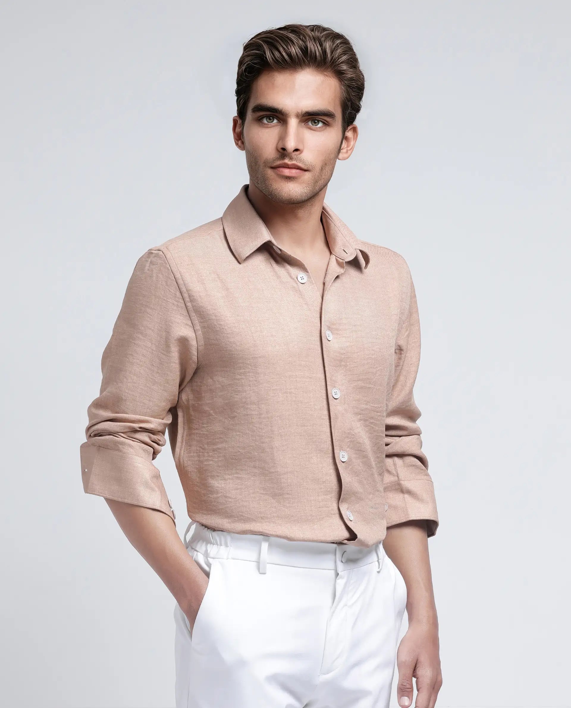 Rare Rabbit Men's Nert Dark Beige Cotton Fabric Full Sleeve Collared Neck Button Closure Plain Shirt