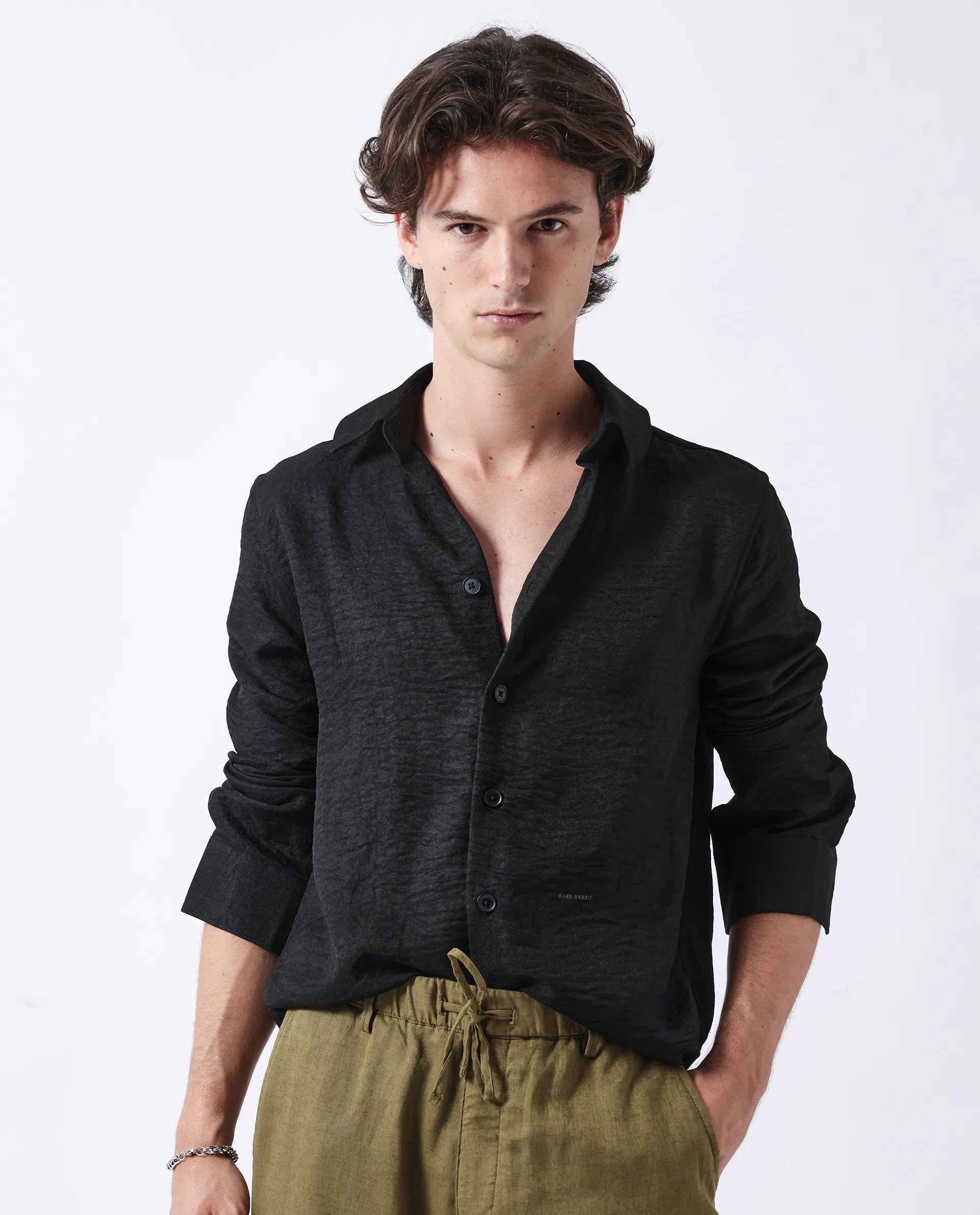 Rare Rabbit Men's Nert Black Cotton Plain Relaxed Fit Full Sleeve Collared Shirt