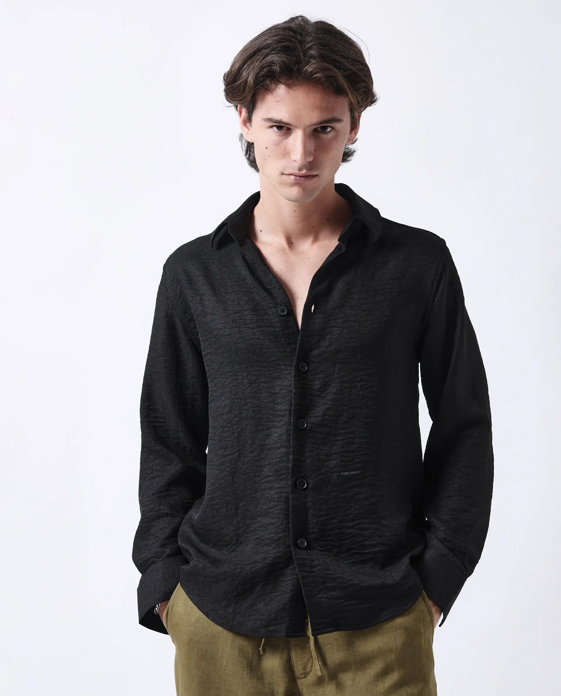 Rare Rabbit Men's Nert Black Cotton Plain Relaxed Fit Full Sleeve Collared Shirt