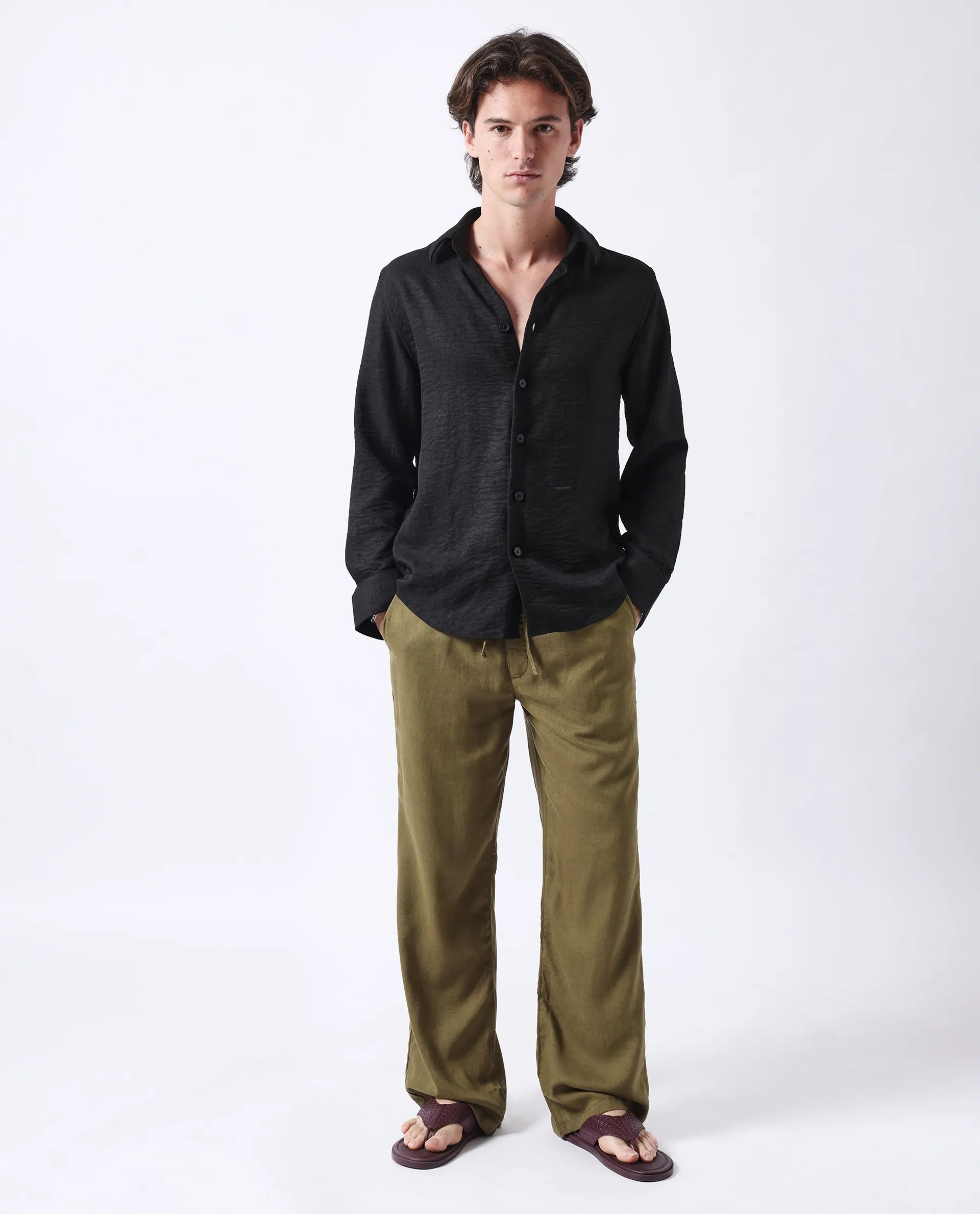 Rare Rabbit Men's Nert Black Cotton Plain Relaxed Fit Full Sleeve Collared Shirt