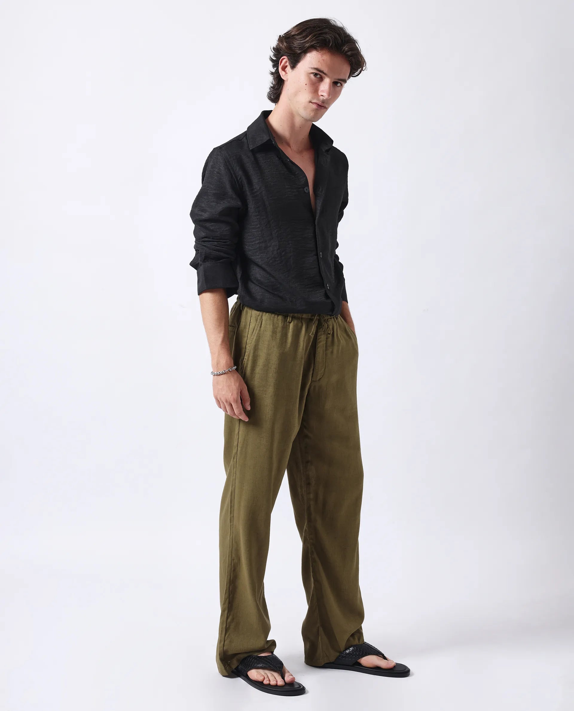 Rare Rabbit Men's Nert Black Cotton Plain Relaxed Fit Full Sleeve Collared Shirt