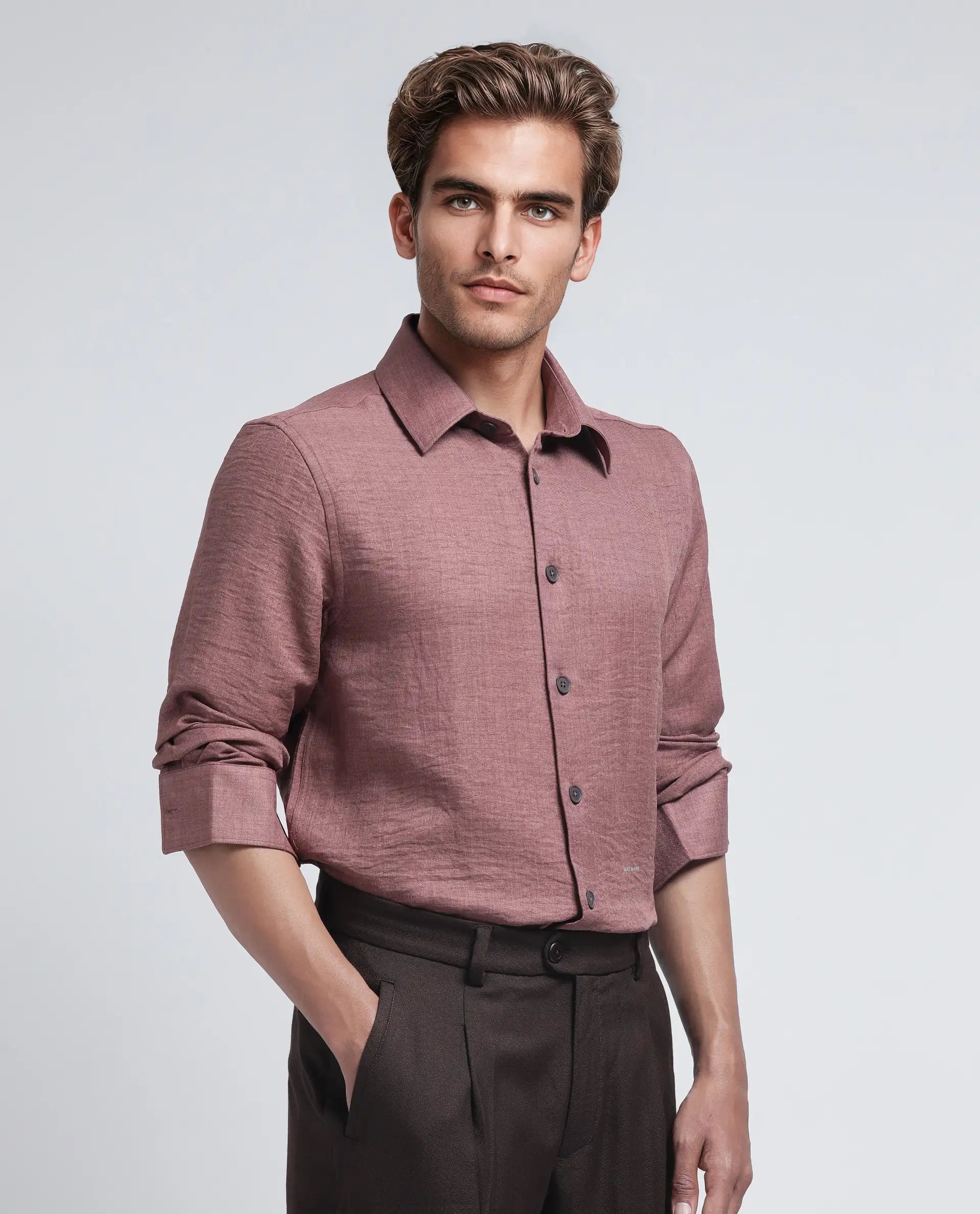 Rare Rabbit Men's Nert Dark Peach Cotton Fabric Full Sleeve Collared Neck Button Closure Plain Shirt