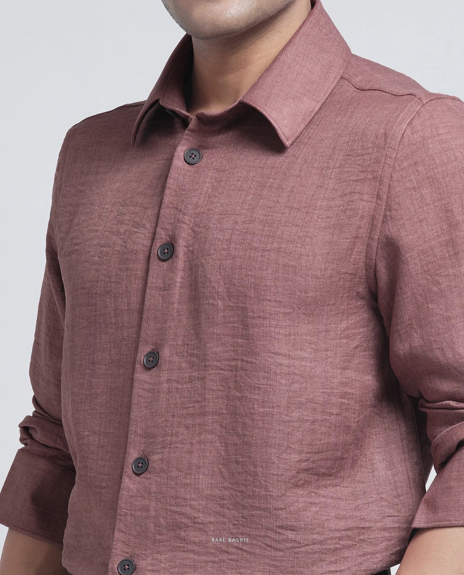 Rare Rabbit Men's Nert Dark Peach Cotton Fabric Full Sleeve Collared Neck Button Closure Plain Shirt