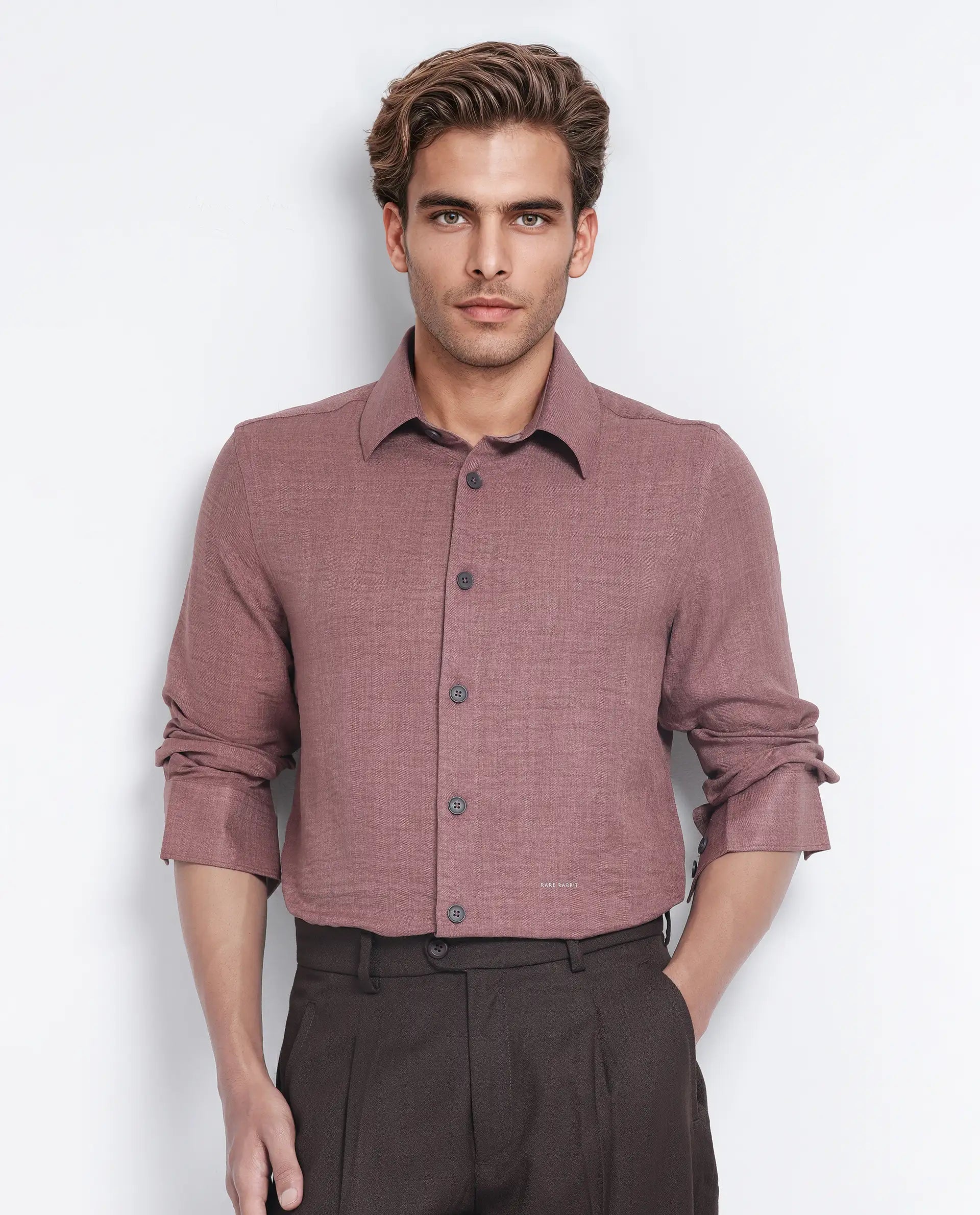 Rare Rabbit Men's Nert Dark Peach Cotton Fabric Full Sleeve Collared Neck Button Closure Plain Shirt