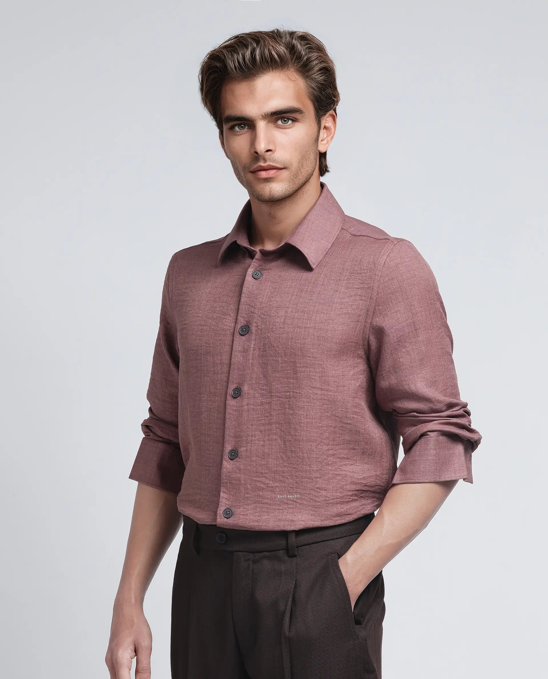 Rare Rabbit Men's Nert Dark Peach Cotton Fabric Full Sleeve Collared Neck Button Closure Plain Shirt