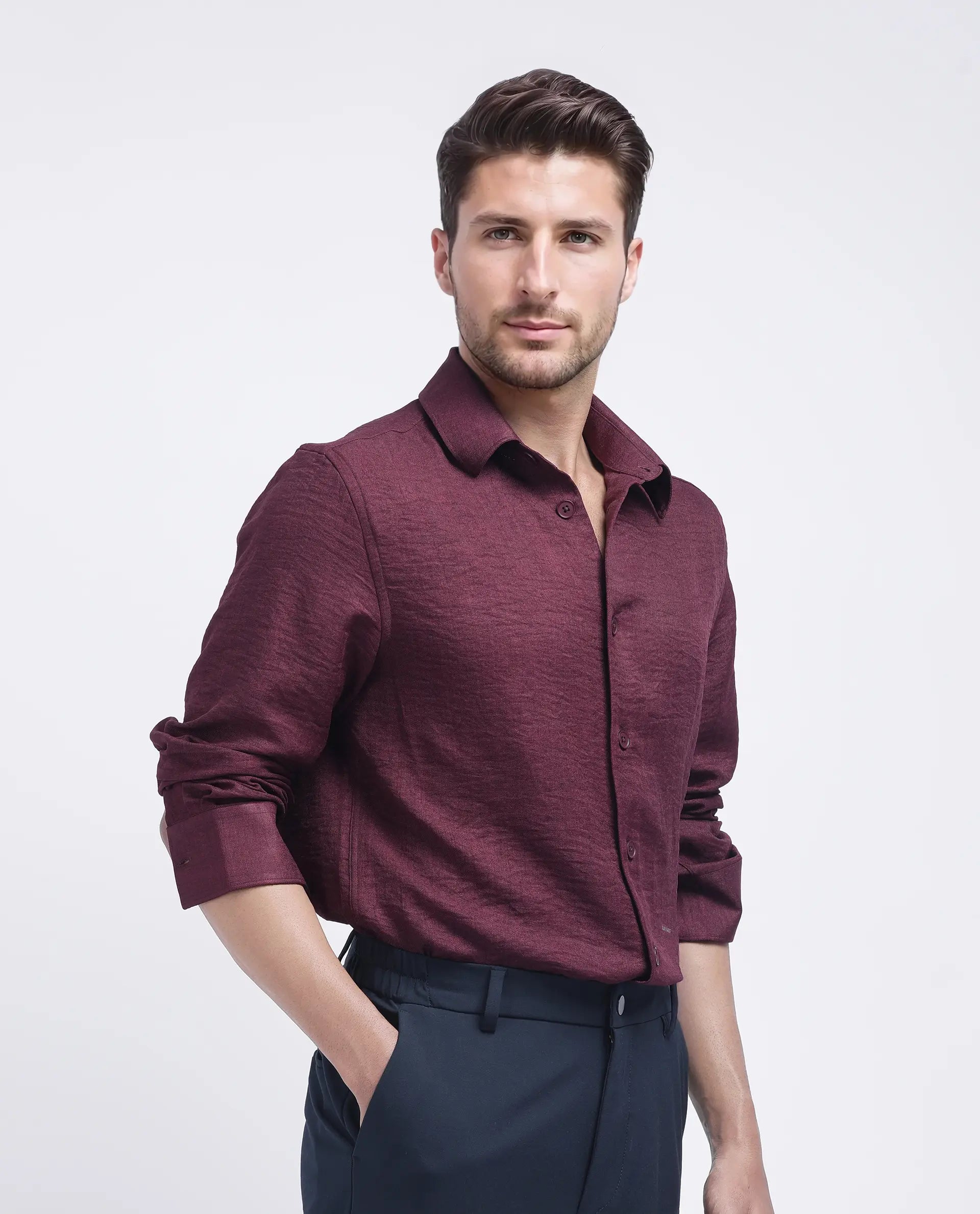 Rare Rabbit Men's Nert Maroon Cotton Plain Relaxed Fit Full Sleeve Collared Shirt